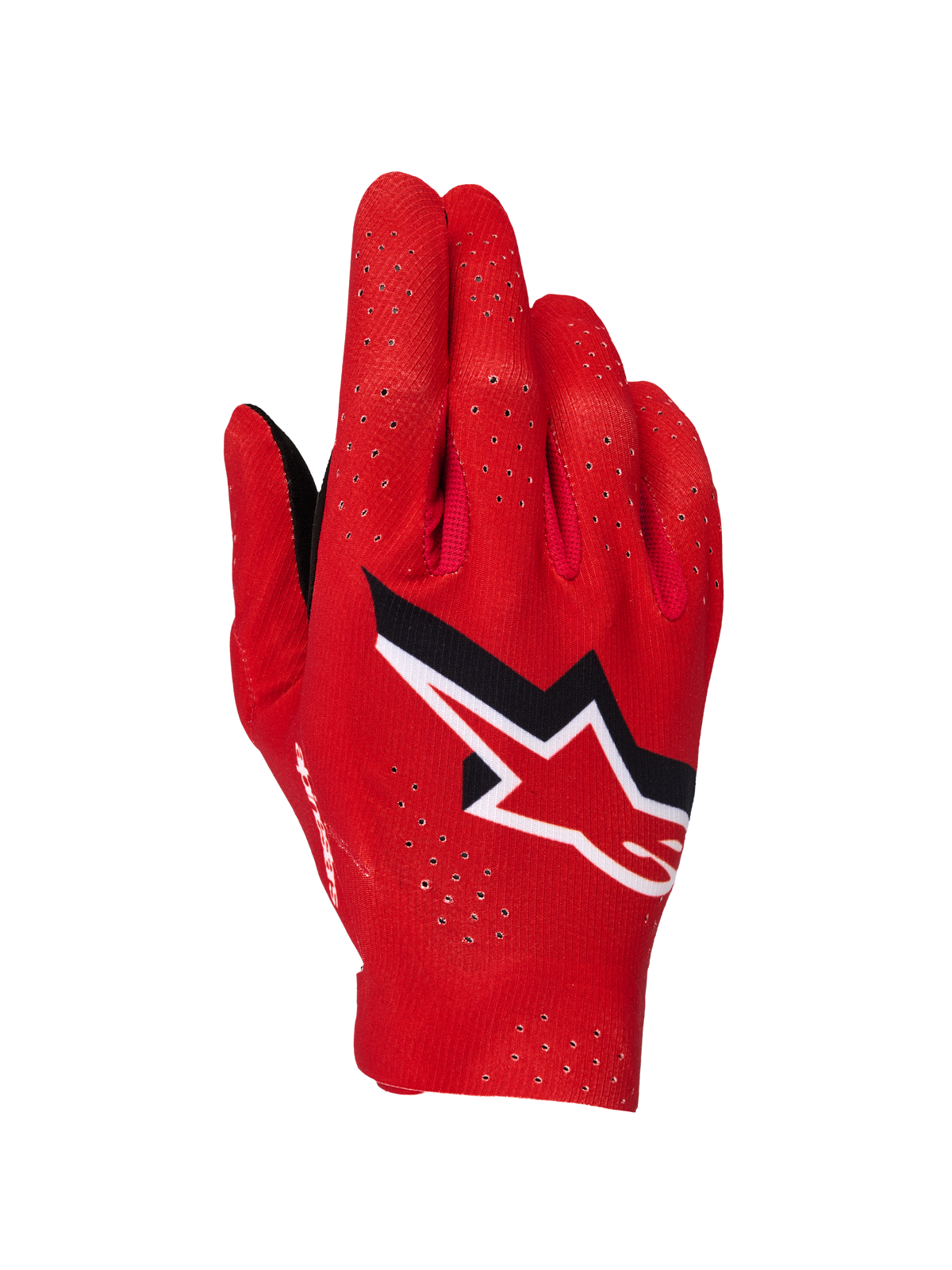 Alpinestars Supertech MX Gloves, Motocross Gloves, Fire Red Black and White, backhand view showing laser perforations for ventilation, prominent white and black Alpinestars star logo, lightweight stretch fabric design for off-road racing