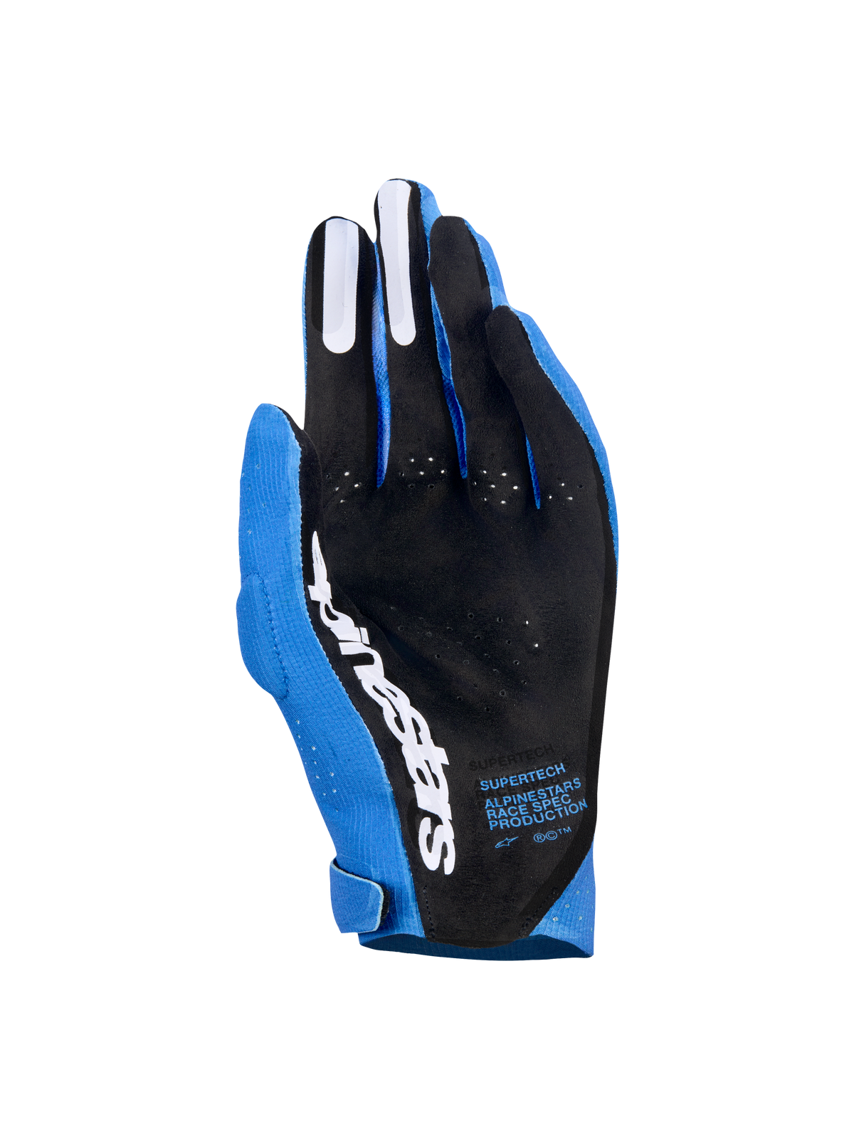 Alpinestars Supertech MX Handschuhe, Motocross-Handschuhe, UCLA Blau und Dunkelblau mit weißen Akzenten, Handflächenansicht mit schwarzem perforiertem Material, weißem Alpinestars-Logo, Silikon-Grips an den Fingern und technischem Text, professionelle Offroad-Rennausrüstung
