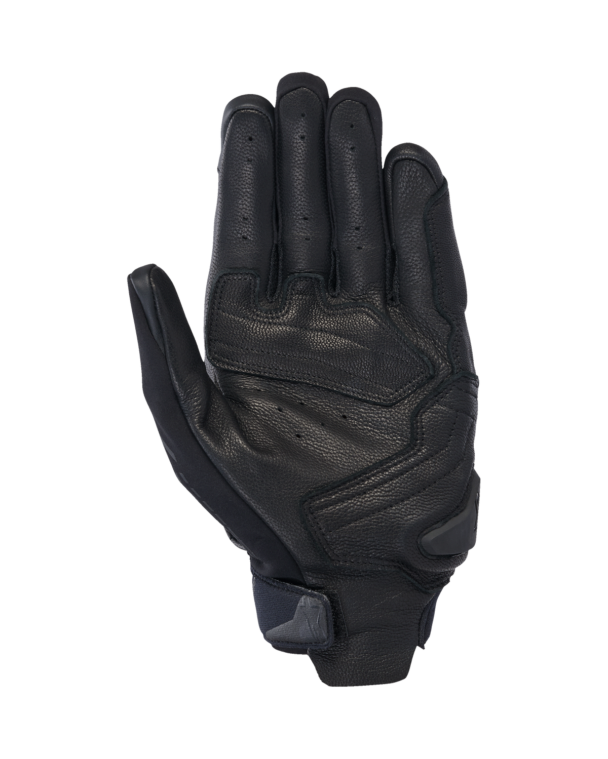 Alpinestars SP X 7 Handschuhe, kurze Motorradhandschuhe, Schwarz, Handflächenansicht mit perforiertem Leder zur Belüftung, verstärkten Handflächenauflagen mit einem Slider und einem kompakten Handgelenkverschluss mit integrierter Zuglasche