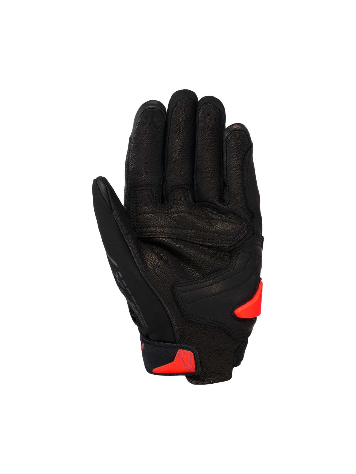 Alpinestars SP X 7 Gloves, Short Sports Motorcycle Gloves, Black with Red Fluo accents, palm view showing perforated leather construction, reinforced palm area, and TPR palm slider.