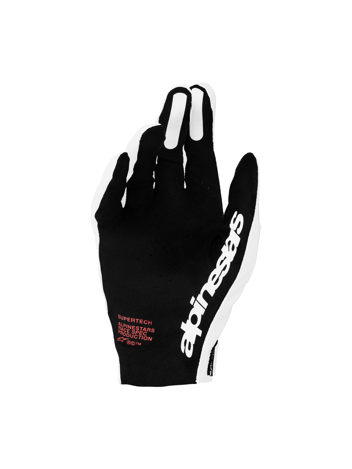Alpinestars Supertech MX Handschuhe 2027, schwarz-weiße Motocross-Rennhandschuhe mit roten Akzenten und Perforation.