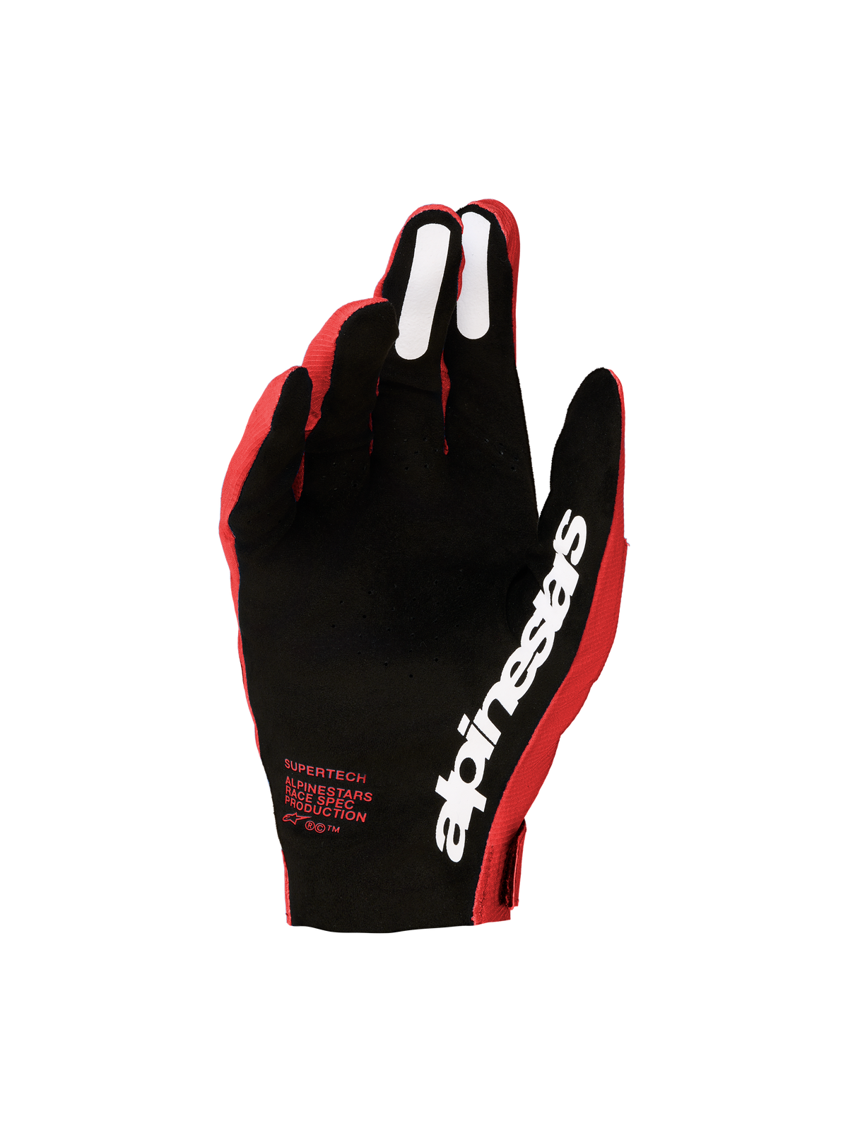 Alpinestars Supertech MX Gloves 2027, Men's Motocross Gloves, Red and Black with perforated palm and silicone grips.