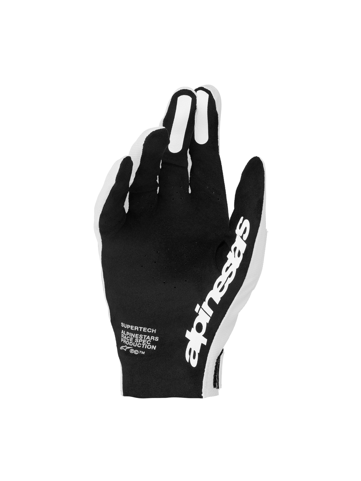 Alpinestars Supertech MX Handschuhe, Motocross-Handschuhe in Schwarz und Weiß mit perforierten Handflächen für präzise Rennkontrolle.