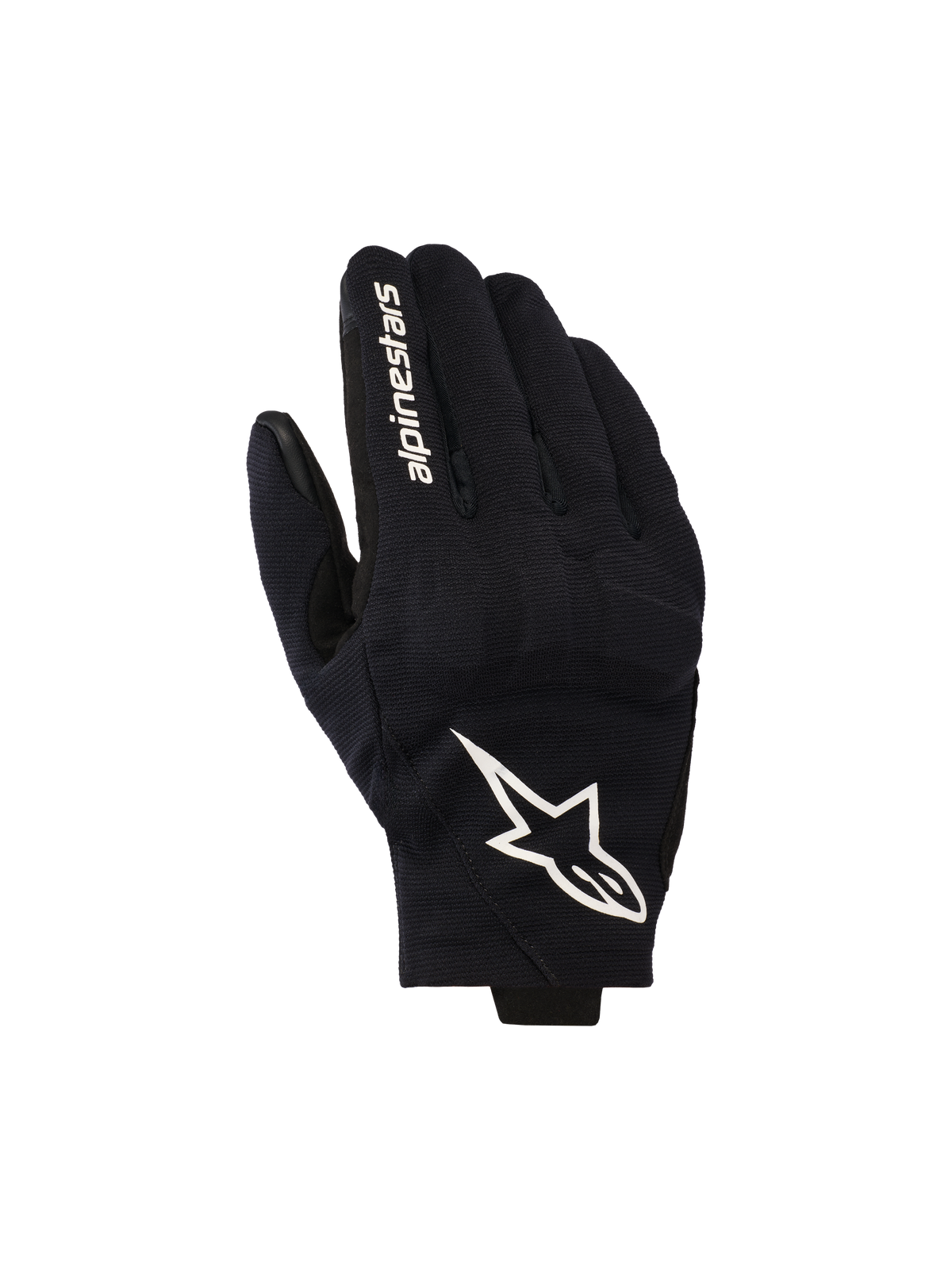 Alpinestars Reef V2 Handschuhe, schwarz-weiße Motorradhandschuhe, Oberhand aus strukturiertem Stretch-Gewebe mit markantem weißem Sternenlogo und Markenschriftzug auf dem Zeigefinger, urbanes Design mit kurzer Stulpe