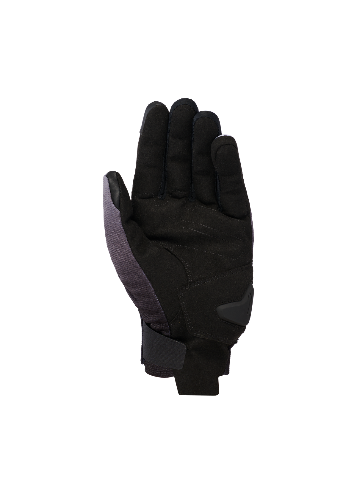 Alpinestars Reef V2 Handschuhe, Motorradhandschuhe mit kurzer Stulpe, Mid Gray Black White, Ansicht der Handfläche mit synthetischem Wildleder, gepolsterter Verstärkung und sicherem Klettverschluss am Handgelenk.