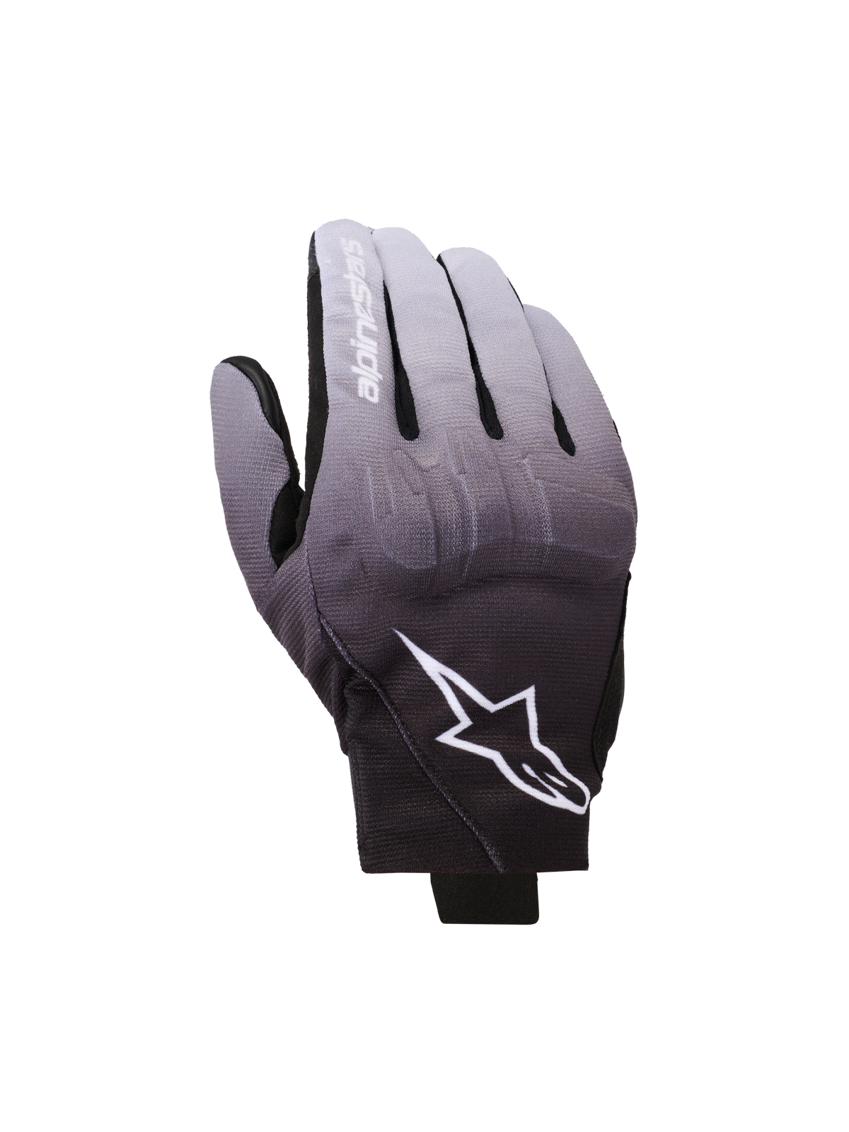 Alpinestars Reef V2 Handschuhe, Motorradhandschuhe, mittelgrau-schwarzer Farbverlauf, weißes Stern-Logo und Markenname auf dem Zeigefinger, urbanes Kurzstulpen-Design mit TPU-Knöchelschutz und Stretch-Textil