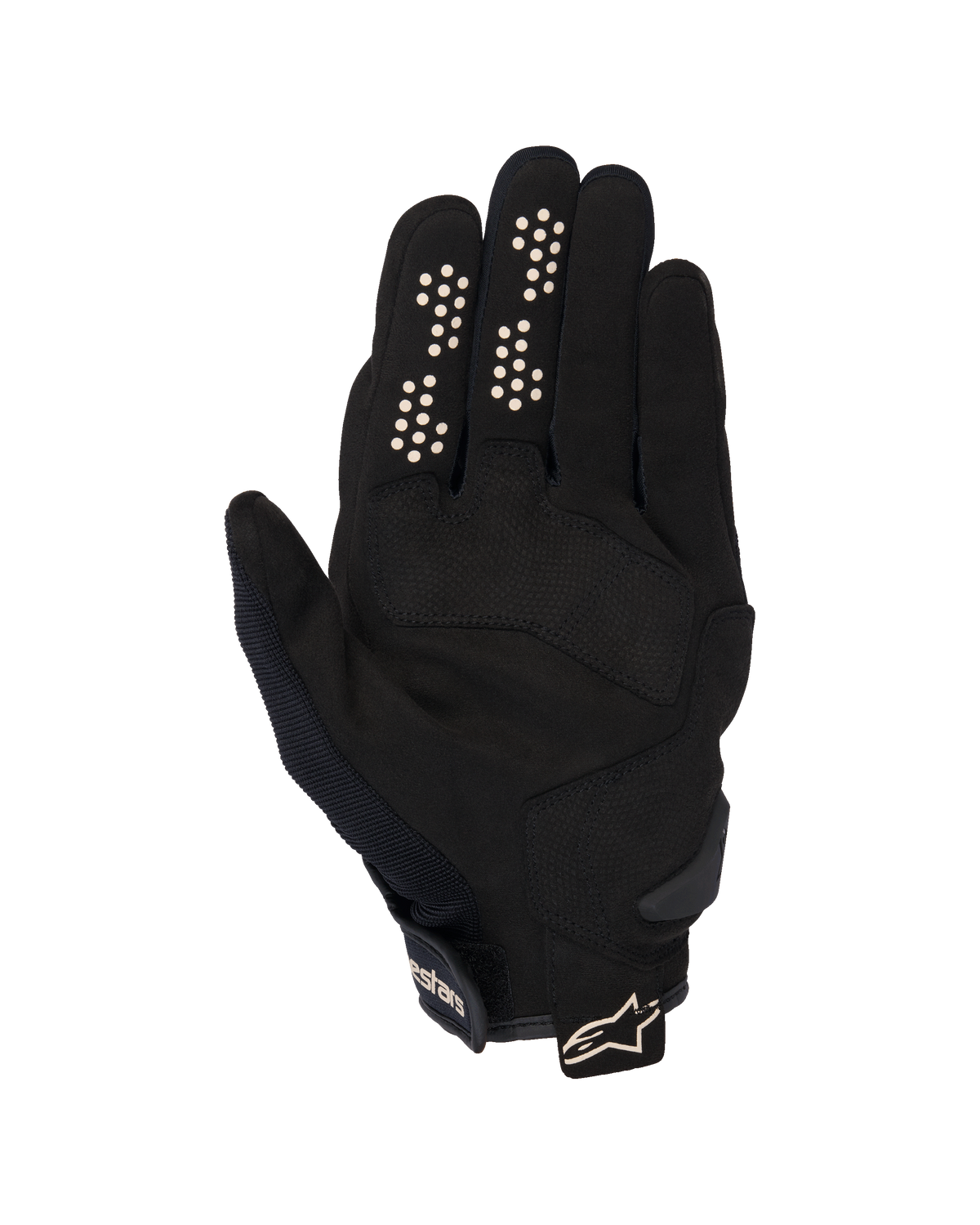 Alpinestars Chrome V2 Handschuhe, Urbane Motorradhandschuhe, Schwarz und Mandel, Ansicht der Handfläche mit synthetischem Wildleder, Silikon-Grip-Punkten an Zeige- und Mittelfinger, kurze Stulpe mit verstellbarem Riemen und Logo.
