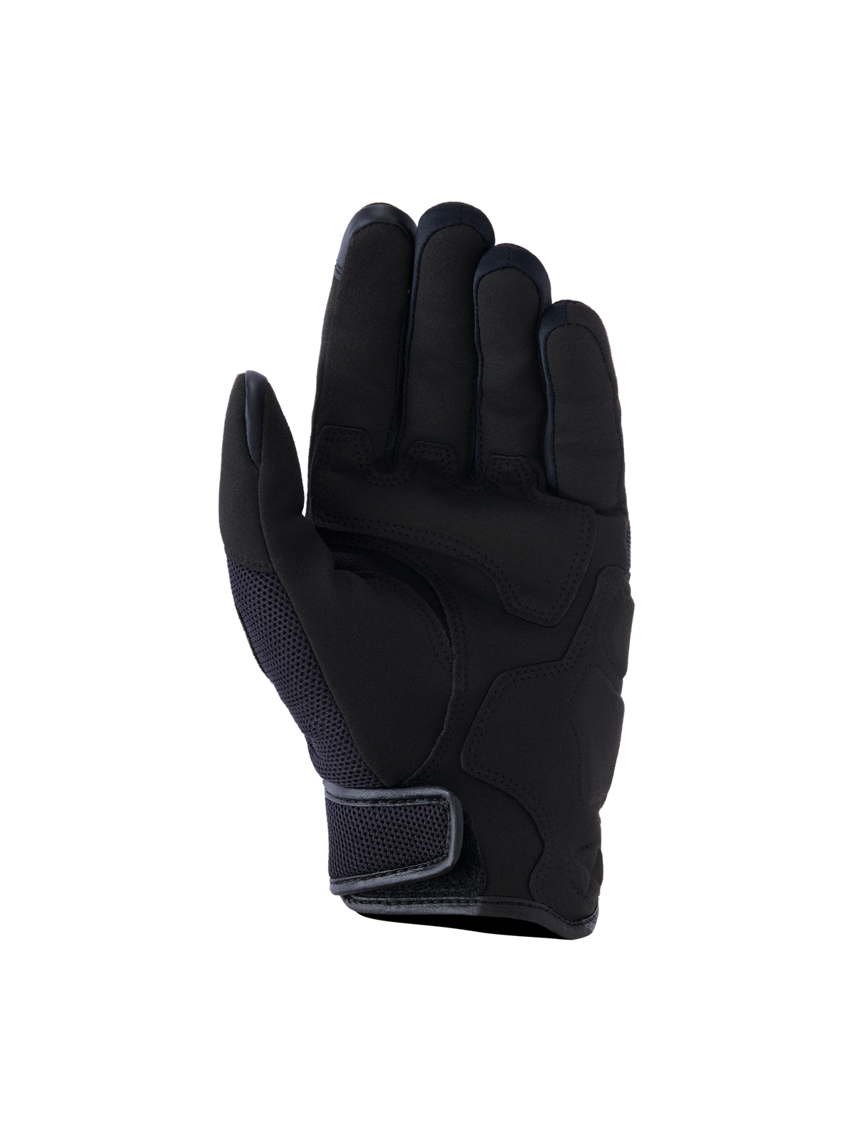 Alpinestars Ignite Handschuhe, Urban-Motorradhandschuhe, Schwarz, Ansicht der Handfläche mit Verstärkungen aus synthetischem Wildleder, atmungsaktiven Mesh-Einsätzen und kurzem Klettverschluss