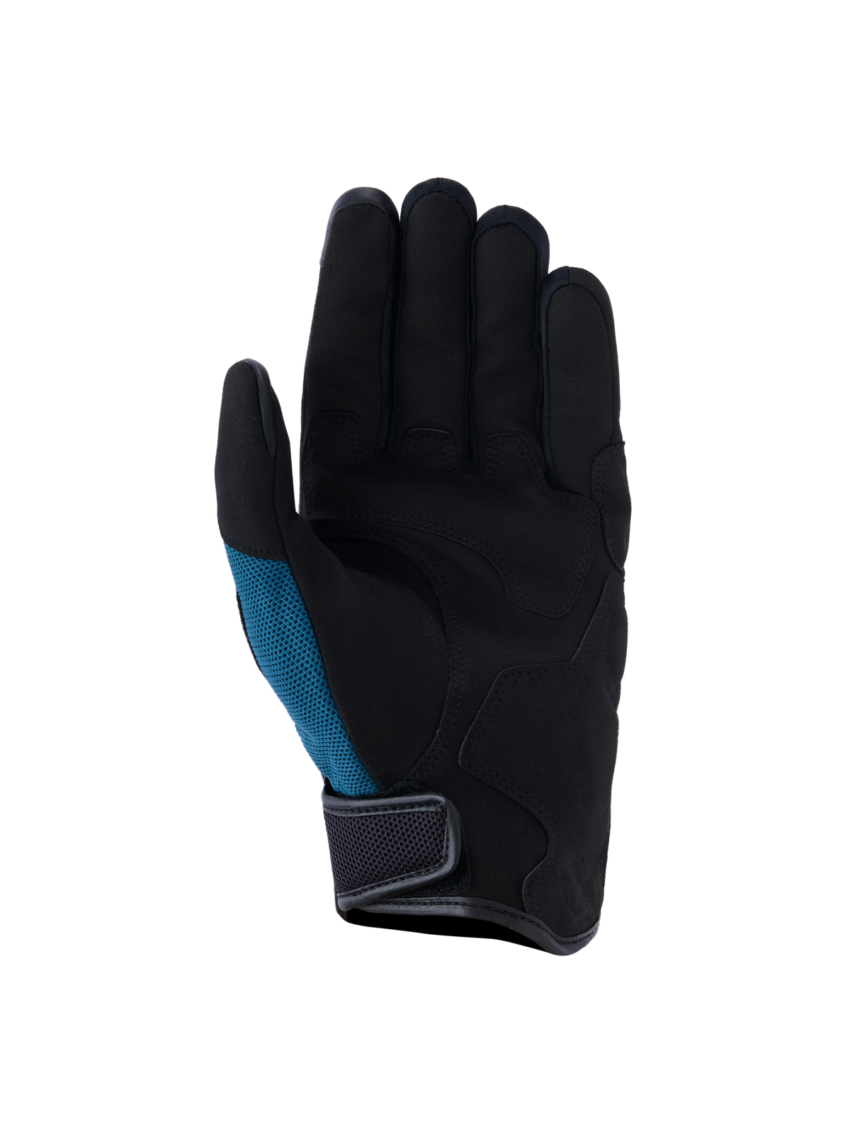 Alpinestars Ignite Handschuhe, Urban-Motorradhandschuhe, Indigoblau und Schwarz, Handflächenansicht mit synthetischem Wildleder und strategischer Polsterung, blaugrünes Mesh-Seitenpanel und Design mit kurzem Bündchen mit Klettverschluss
