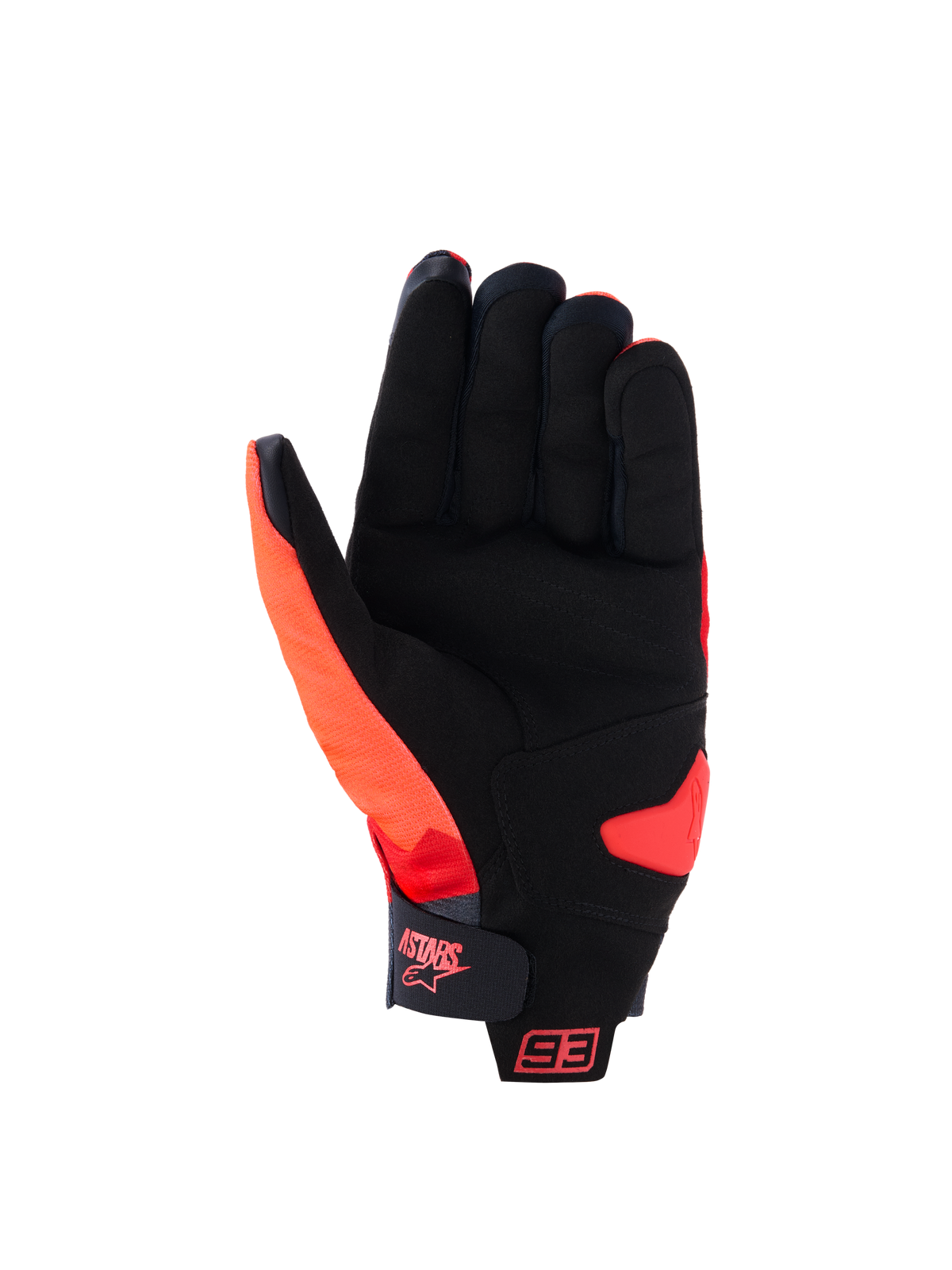 Alpinestars MM93 Reef V2 Handschuhe, Handflächenansicht, Rot Fluo Hellrot Schwarz, mit einer Handfläche aus synthetischem Wildleder mit gepolsterter Verstärkung, Klettverschluss am Handgelenk mit Astars-Logo und 93-Branding, Urban-Motorradhandschuhe