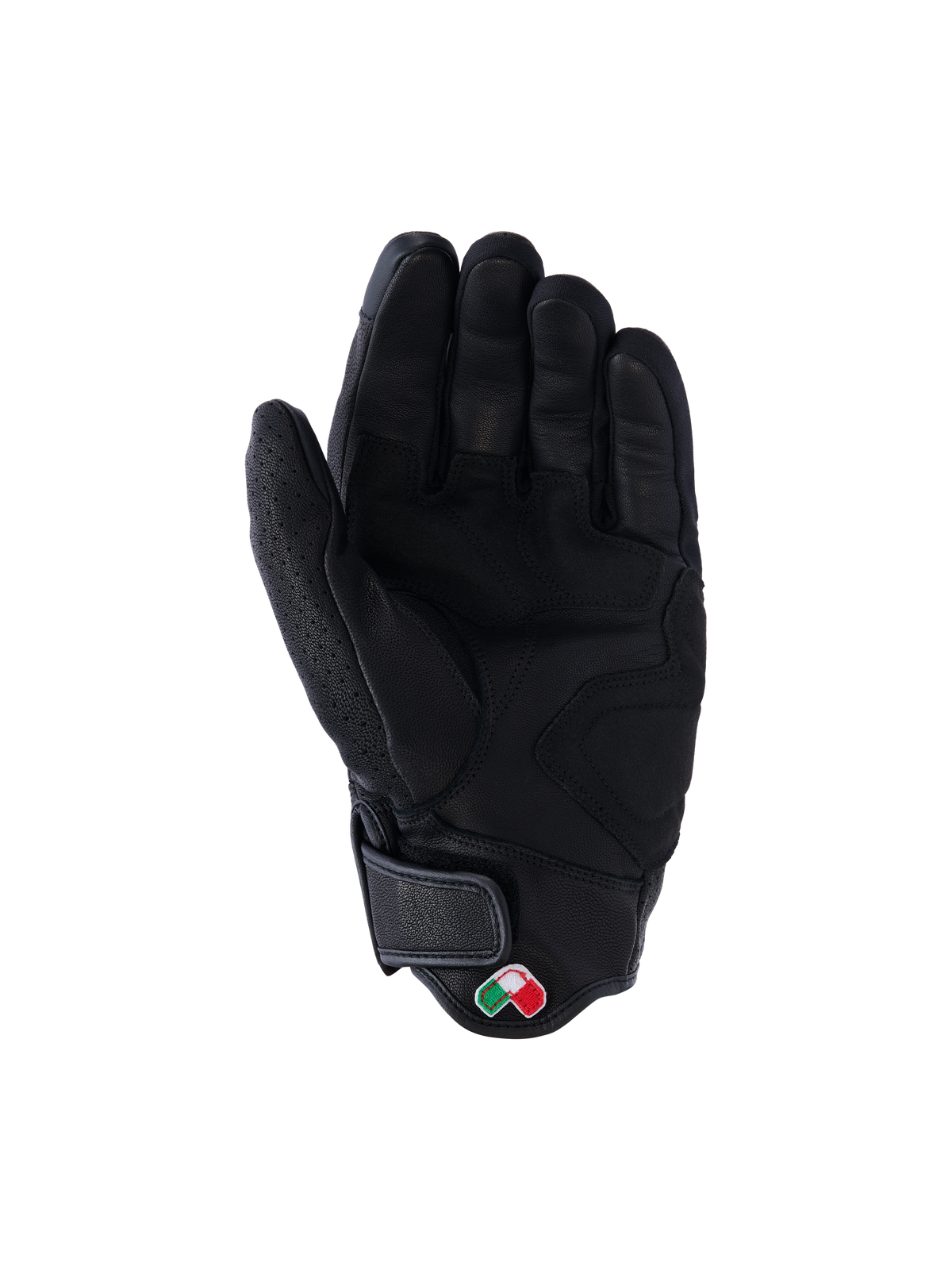 Alpinestars Mustang V3 Lederhandschuhe, Schwarz, Handflächenansicht, hochwertige Ziegenlederkonstruktion mit verstärkten Grip-Zonen, kurzes Bündchen mit Klettverschluss und kleinem bestickten Logo-Patch, urbane Motorrad-Schutzausrüstung