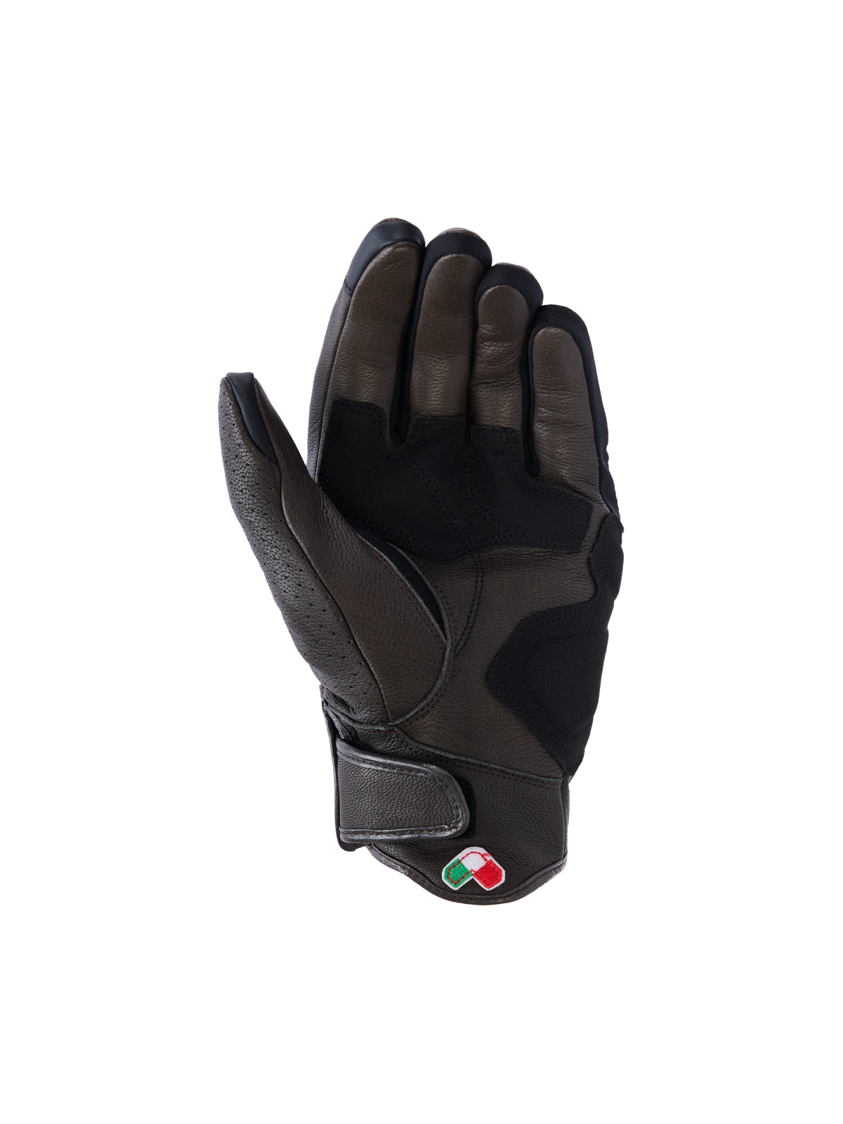 Alpinestars Mustang V3 Leather Gloves, Dark Brown and Black, palm side view, featuring reinforced leather construction, short cuff with hook and loop closure, and small embroidered shield patch, urban motorcycle riding gear