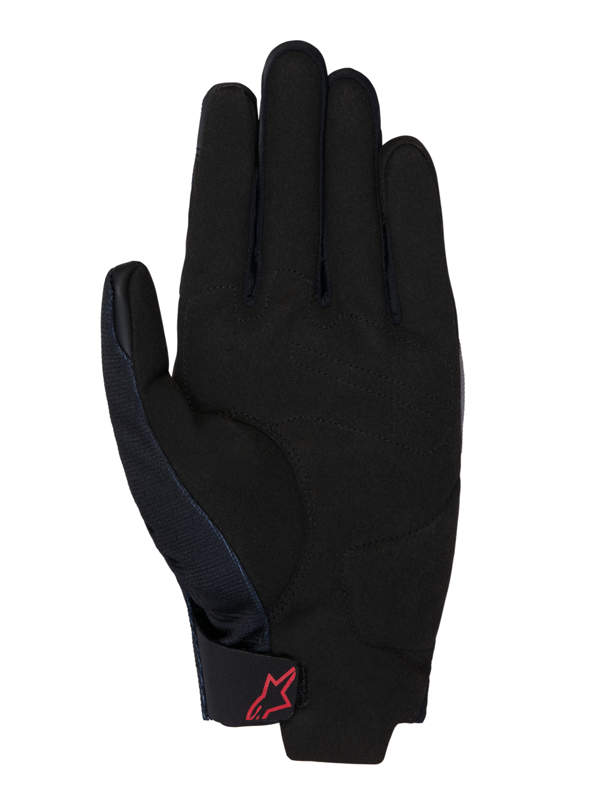 Honda Reef V2 Handschuhe, Handflächenansicht, schwarzes synthetisches Wildleder mit gepolsterter Verstärkung, rotes Alpinestars-Logo auf dem Klettverschluss am Handgelenk, kurzes Manschettendesign zum Motorradfahren