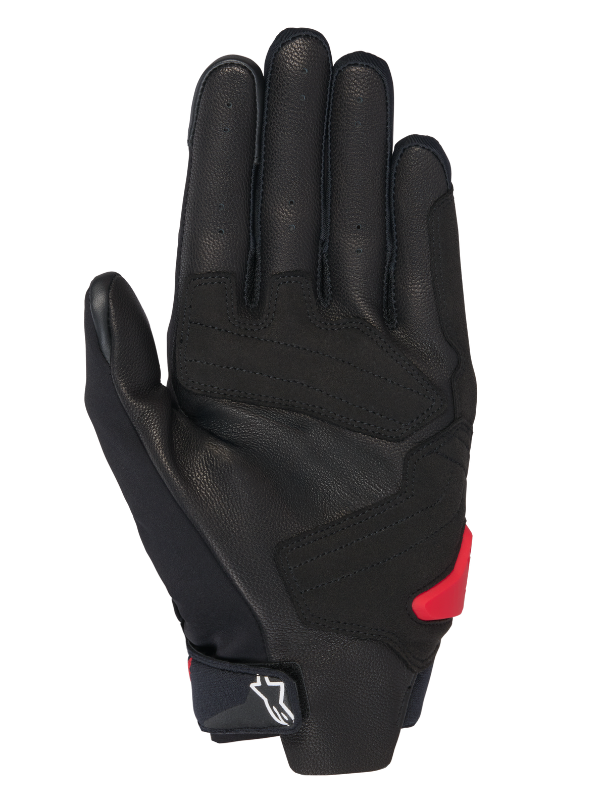 Alpinestars Honda SP X 3 Handschuhe, Motorradhandschuhe, Schwarz mit leuchtend roten Akzenten, Handflächenansicht mit perforiertem Leder, synthetischen Overlays für Griffigkeit, einem roten TPR-Handflächenschleifer und einem weißen Alpinestars-Logo auf der verstellbaren Manschette