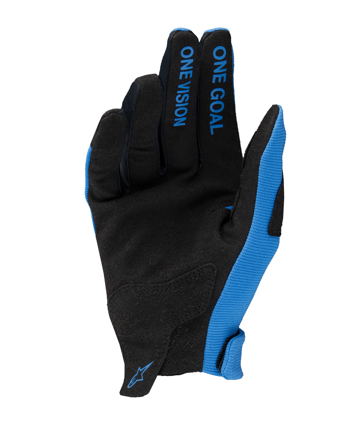 Alpinestars 2025 Radar Handschuhe, Motocross-Handschuhe, Blau und Schwarz, Handflächenansicht mit synthetischem Wildleder, „ONE GOAL ONE VISION“-Schriftzug auf den Fingern, blaue Seitenteile und kleines Logo am Handgelenk, leichtes Offroad-Renndesign