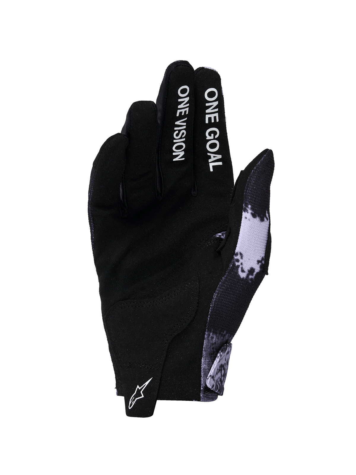 Alpinestars 2026 Radar Handschuhe, Motocross-Handschuhe, Iron Camo und Schwarz, Handflächenansicht mit synthetischer Wildleder-Konstruktion, 'ONE GOAL ONE VISION'-Schriftzug auf den Fingern, weißes Astars-Logo auf der Zuglasche, elegantes Offroad-Performance-Design