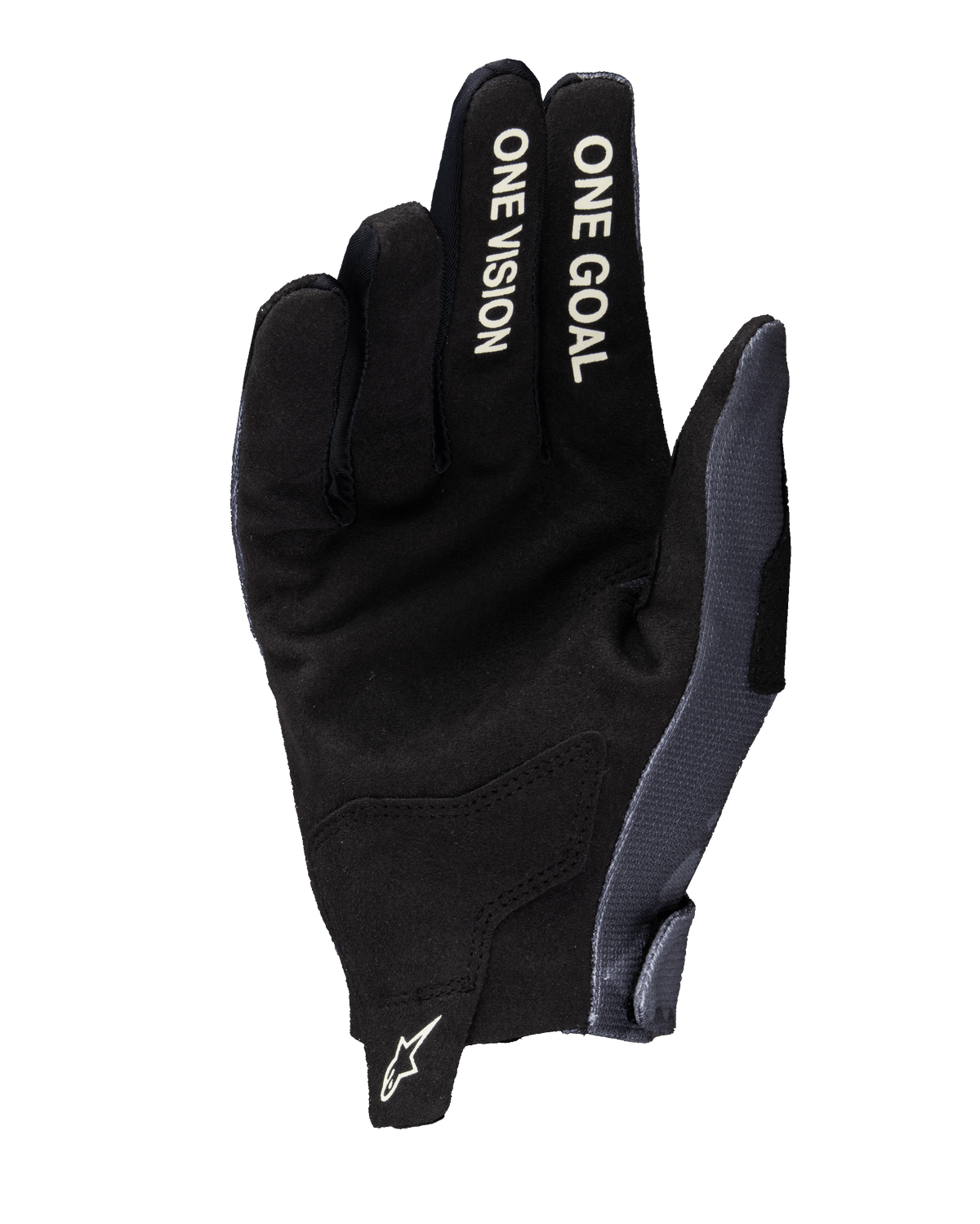 Alpinestars 2025 Radar Handschuhe, Motocross-Handschuhe, Grau und Dark Camo, Handflächenansicht mit synthetischer Wildleder-Konstruktion, weißer „ONE VISION“ und „ONE GOAL“ Text auf den Fingern und weißes Astars-Logo auf der Anziehlasche