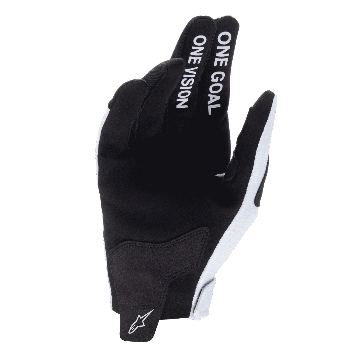 Alpinestars 2025 Radar Gloves, Motocross Gloves, Haze Gray and Black, palm view showing synthetic suede material, 'ONE GOAL ONE VISION' text on index and middle fingers, white logo on wrist puller, durable off-road racing design