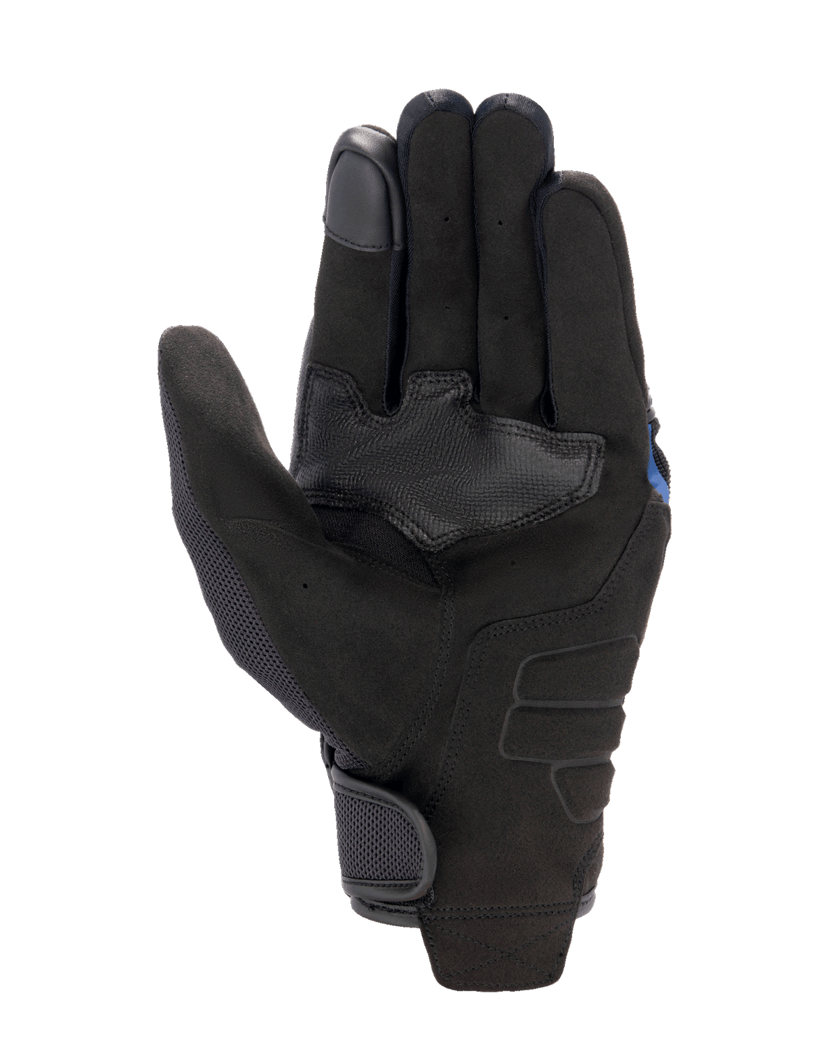 Alpinestars FQ20 Copper Handschuhe, Urbane Motorradhandschuhe, Schwarz, Handflächenansicht mit synthetischem Wildledermaterial, strukturiertem Grip-Verstärkungspatch, Mesh-Einsätzen am Daumen und einem Klettverschluss am Handgelenk.