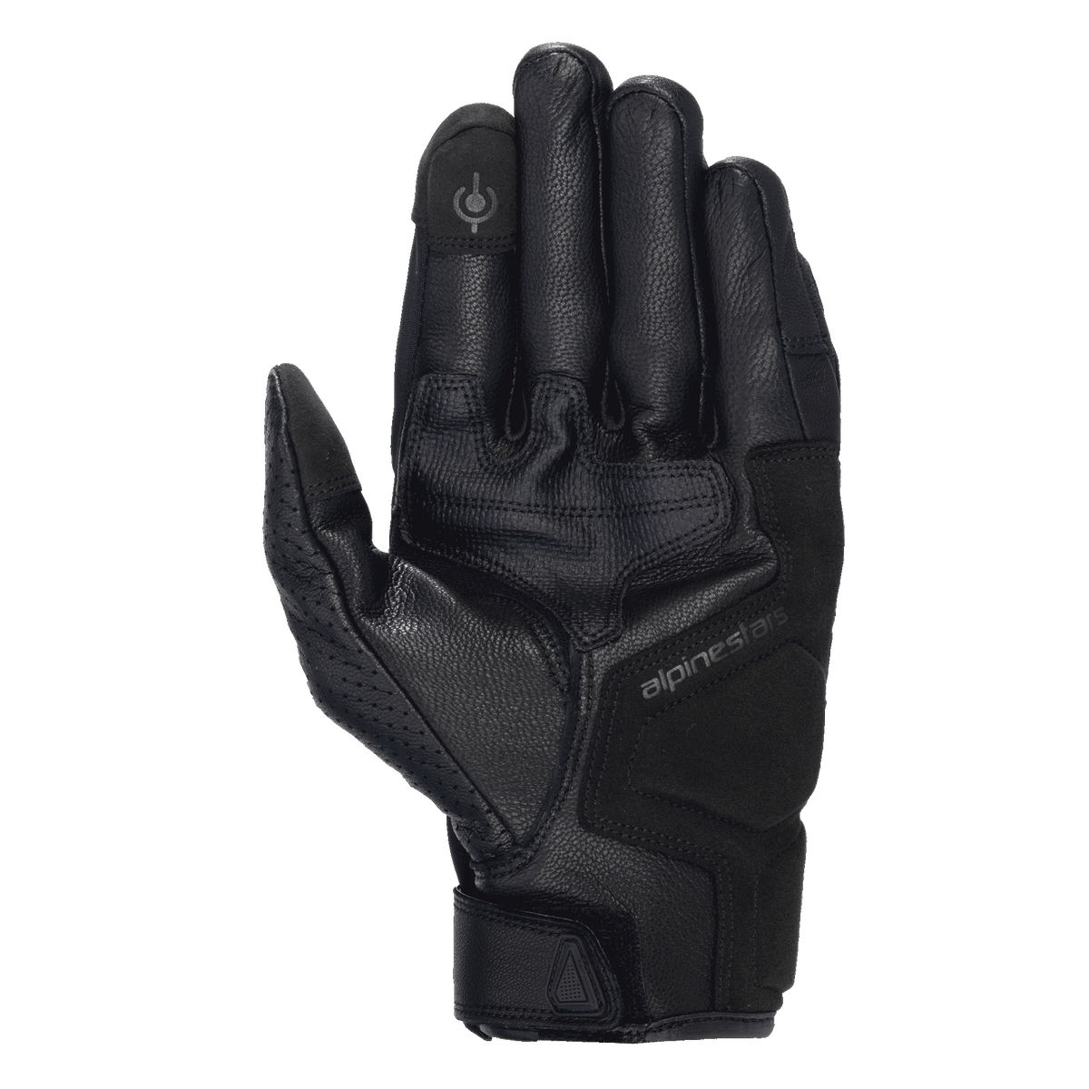 Alpinestars Celer V3 Handschuhe, Schwarze Leder-Motorradhandschuhe, Handflächenansicht mit verstärkter Polsterung und Touchscreen-kompatibler Fingerspitze, strapazierfähiges Ziegenleder mit dezentem Alpinestars-Logo, kurze Manschette für Straßenfahrten