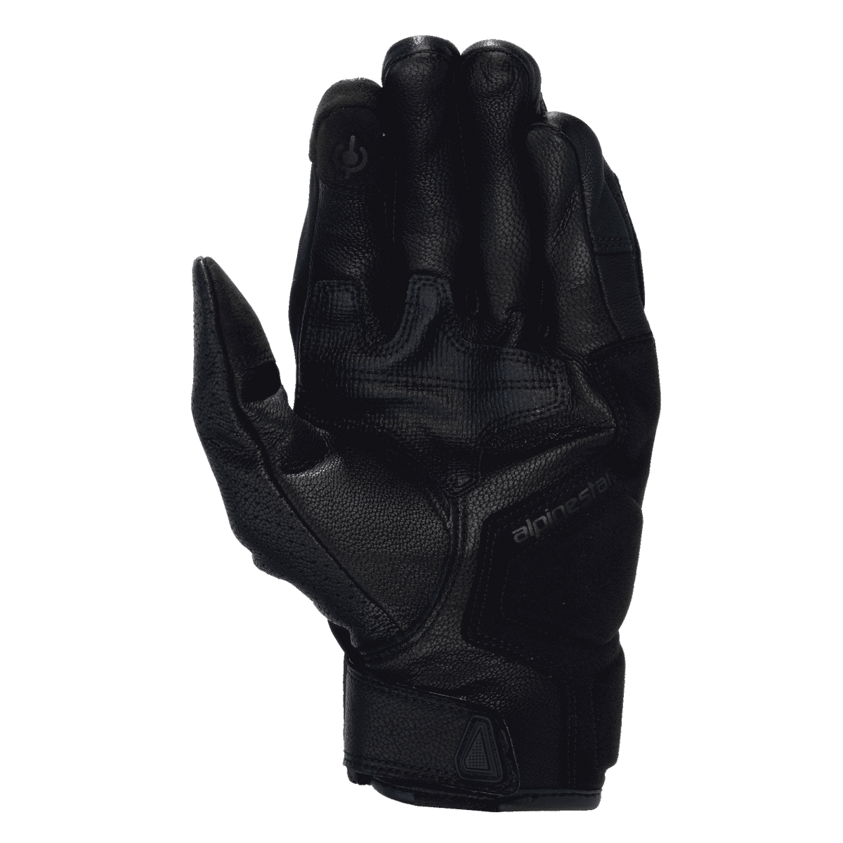 Alpinestars Celer V3 Handschuhe, schwarze Leder-Motorradhandschuhe, Handflächenansicht mit Ziegenlederkonstruktion, gepolsterten Handflächenverstärkungen, touchscreen-kompatiblem Zeigefinger und Alpinestars Logo-Branding.