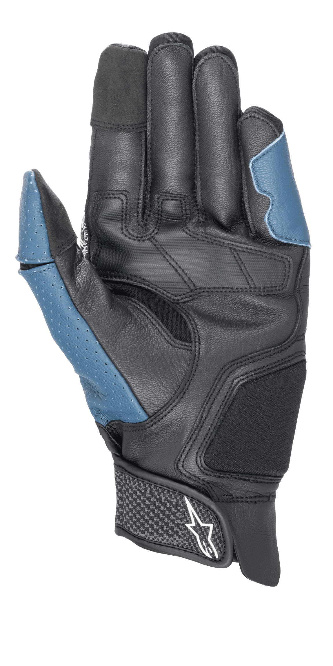 Alpinestars Morph Sport Handschuhe, Handflächenansicht, Schwarz und Blau Sodalite, mit verstärkter Lederinnenhand, perforierten blauen Einsätzen an Daumen und Außenseite, kurzer Stulpe mit Klettverschluss und Alpinestars-Logo, Performance-Ausrüstung für Sport- und Straßenfahrten
