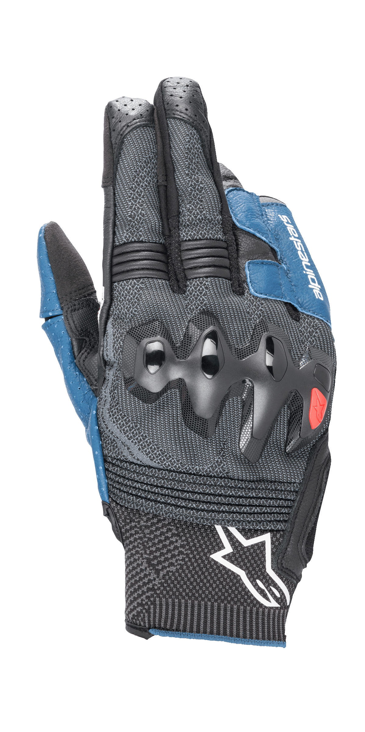Alpinestars Morph Sport Handschuhe, Motorradhandschuhe, Schwarz und Blau Sodalith, mit überinjiziertem Knöchelschutz, MorphTech Weave Handrücken mit RIDEKNIT-Einsätzen, weißes Stern-Logo an der Manschette, technisches strukturiertes Gewebe für Straßenrennsport