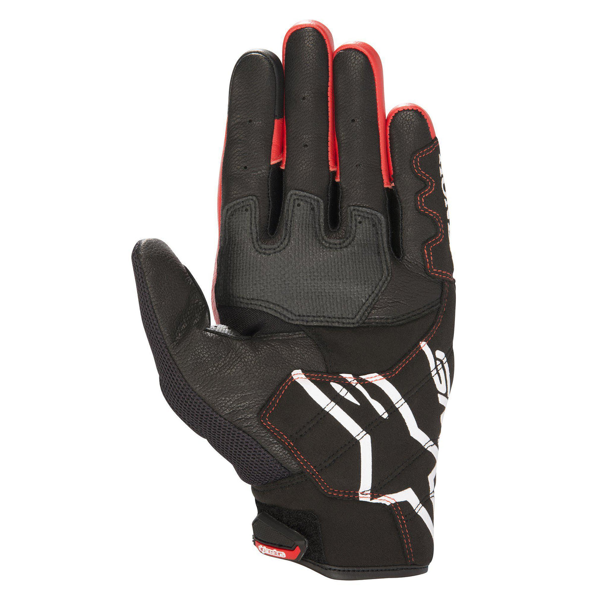Alpinestars Honda SMX-2 Air Carbon V2 Handschuhe, Motorradhandschuhe, Schwarz und Rot, Handflächenansicht mit Lederkonstruktion und 3D-Mesh, weißem Alpinestars-Logo, verstärkten Handflächen- und Daumenbereichen für besseren Grip, kurzes Manschettendesign