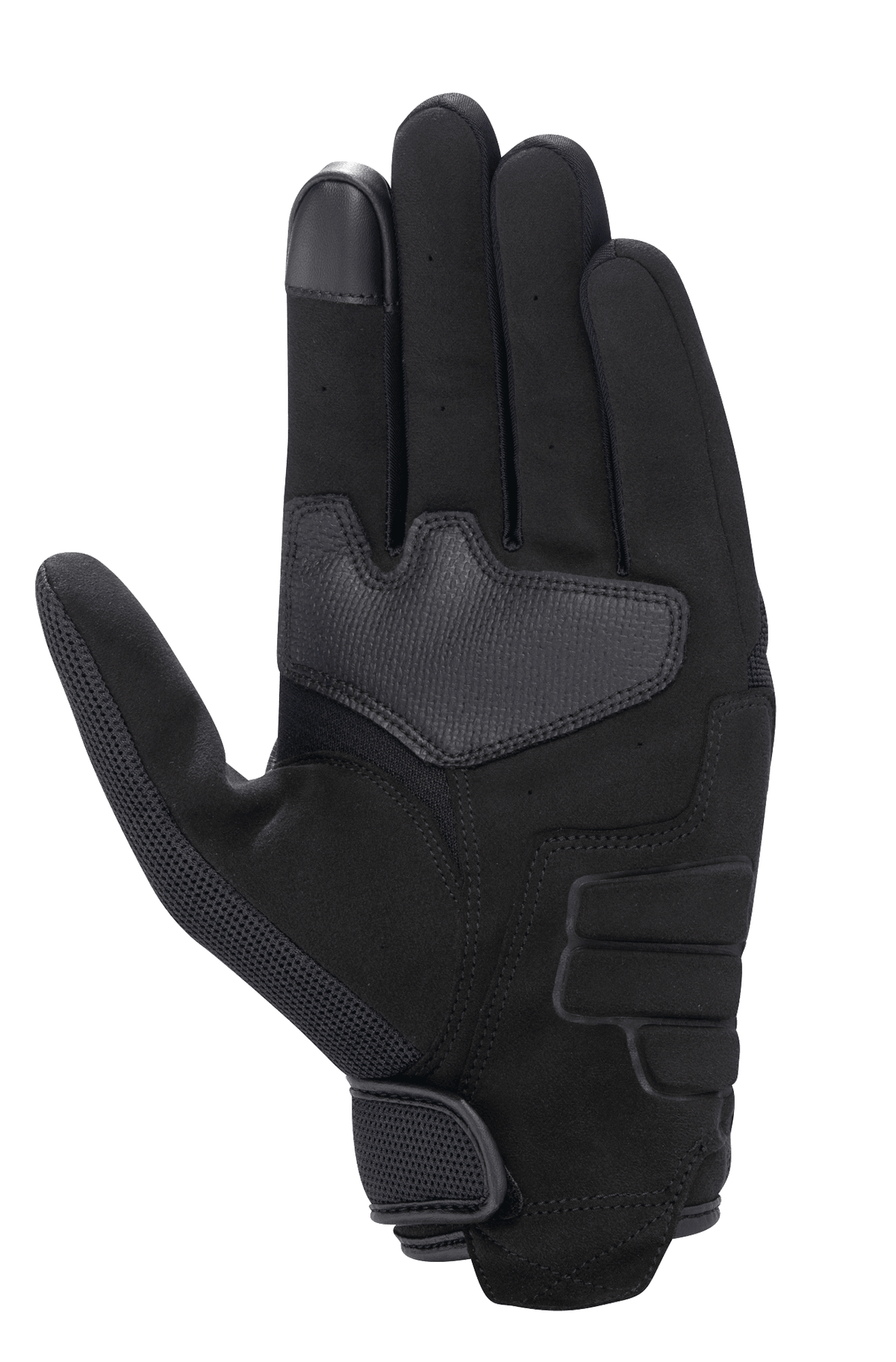 Alpinestars Honda Copper Handschuh, Schwarz, Ansicht der Handfläche des urbanen Motorradhandschuhs mit Konstruktion aus synthetischem Wildleder, verstärktem Handflächenbereich, touchscreen-kompatibler Fingerspitze und Klettverschluss am Handgelenk.
