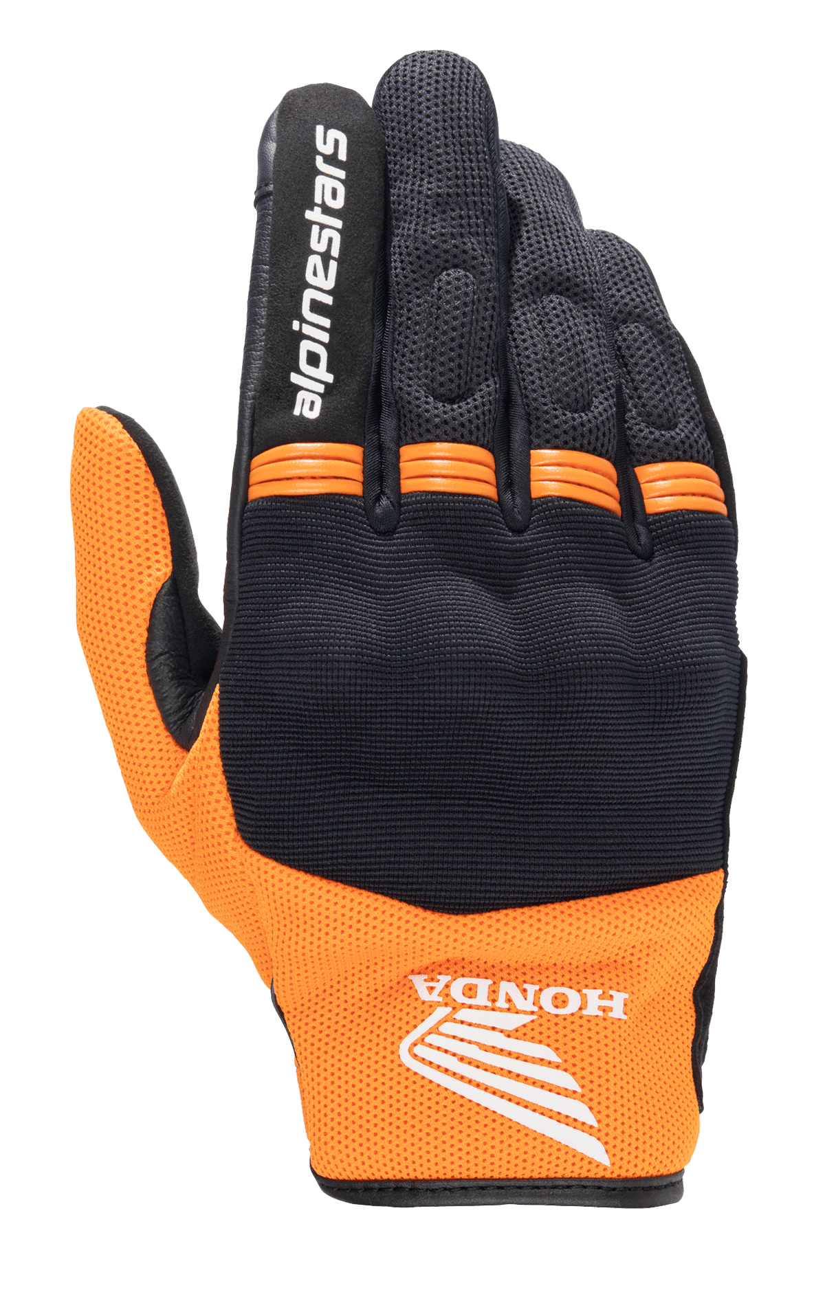 Alpinestars Honda Copper Handschuh, leichter Urban-Motorradhandschuh, Schwarz und Orange, mit Honda-Flügel-Logo am Handgelenk, Alpinestars-Schriftzug auf dem Zeigefinger, Mesh-Konstruktion und orangefarbenen Akkordeon-Einsätzen an den Knöcheln