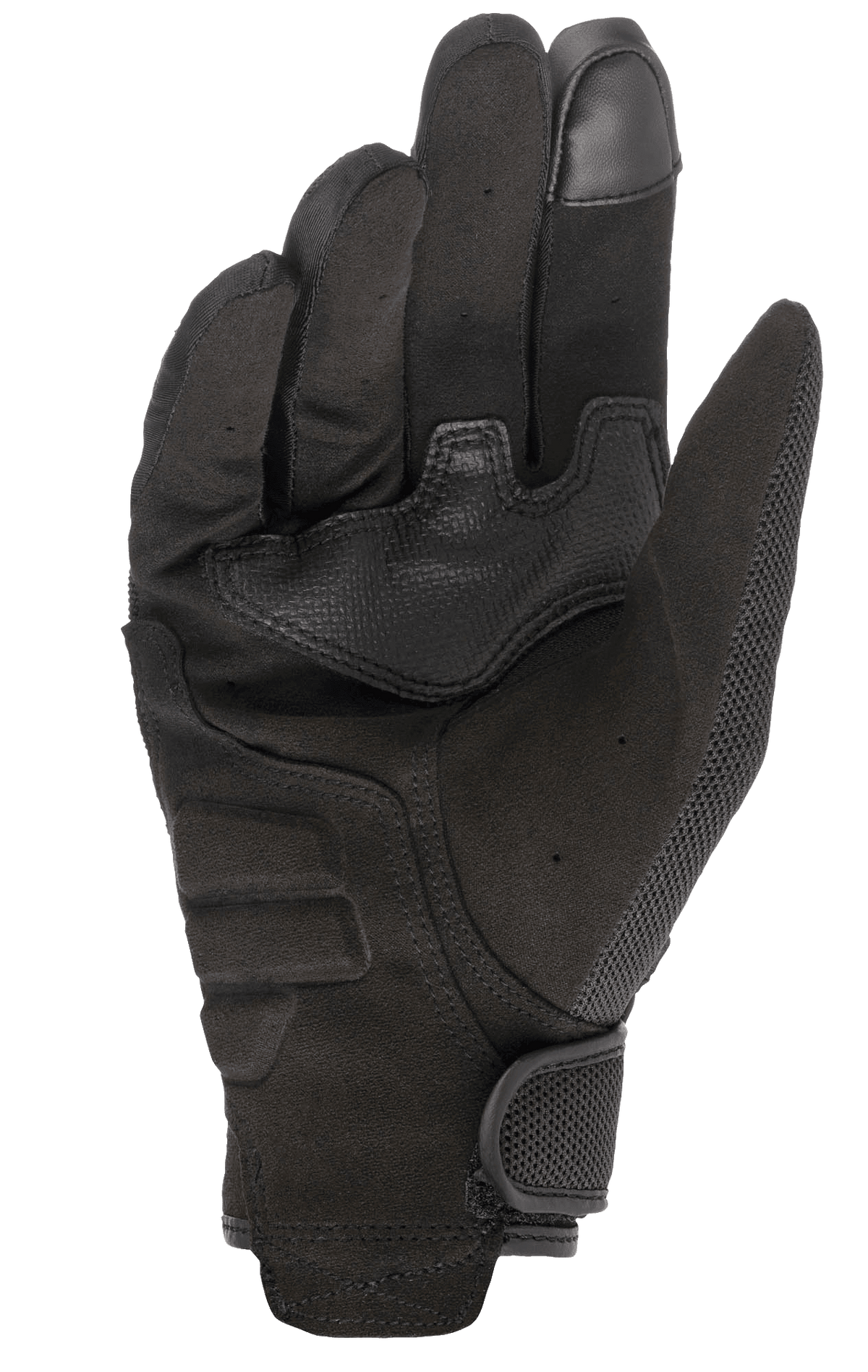 Alpinestars Copper Handschuhe, Urbane Motorradhandschuhe, Schwarz, Ansicht der Handfläche aus synthetischem Wildleder, touchscreen-kompatible Fingerspitze, verstärkte Polsterung der Handfläche und sicherer Klettverschluss am Handgelenk