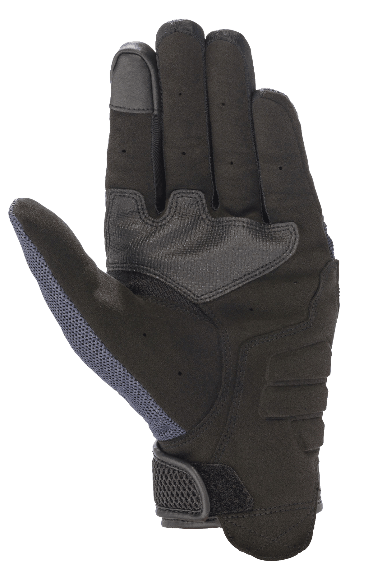 Alpinestars Copper Handschuhe, Motorradhandschuhe, Mood Indigo, Handflächenansicht mit einer Konstruktion aus vollsynthetischem Wildleder, verstärkter Polsterung, Touchscreen-kompatibler Fingerspitze und Mesh-Einsatz am Daumen für leichten urbanen Schutz.