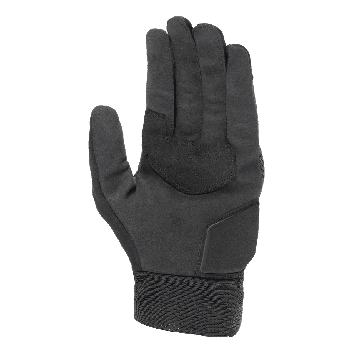 Alpinestars Stated Air Handschuhe, Schwarz, Handflächenansicht mit weicher synthetischer Wildledertextur, verstärkte Handfläche mit Zickzack-Nähten für Griffigkeit, gepolsterter Handballenschutz und ein gerippter elastischer Bund