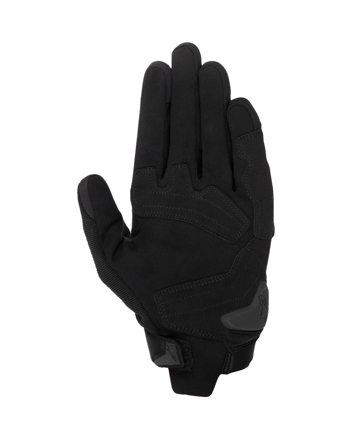 Alpinestars SP X 1 Handschuhe, Schwarz/Schwarz Motorradhandschuhe, Handflächenansicht mit Synthetikleder-Konstruktion, verstärkten Aufprallzonen, TPR-Handflächenschieber und kompaktem Manschettenverschluss.