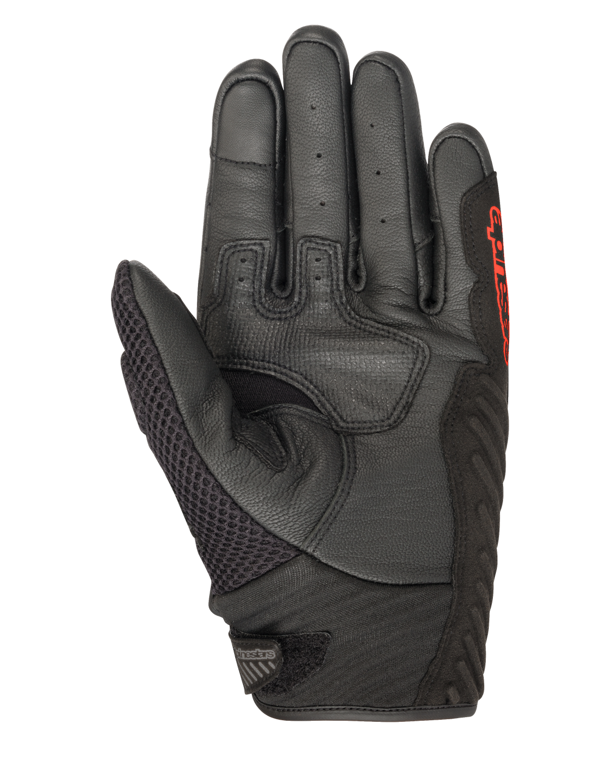Alpinestars SMX-1 Air V2 Handschuhe, Schwarz und Fluo-Rot, Innenhandansicht mit perforiertem Leder, Mesh-Daumeneinsatz, verstärkten Grip-Zonen und rotem Branding, konzipiert für Motorrad-Straßenfahrten im Sommer