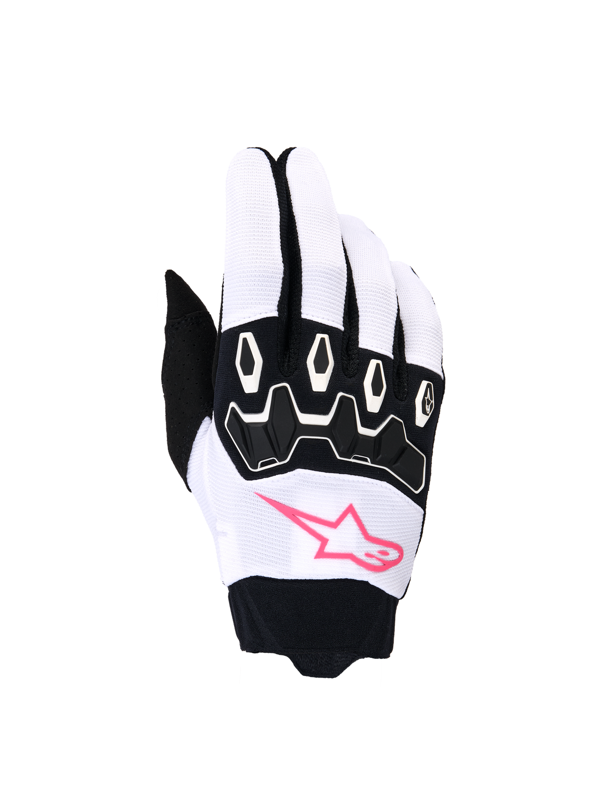 Alpinestars Stella Full Bore V2 Gloves, Women's Motocross Gloves, White and Black with Pink Fluo, featuring a pink star logo, black TPR knuckle protection, and breathable stretch fabric for off-road riding