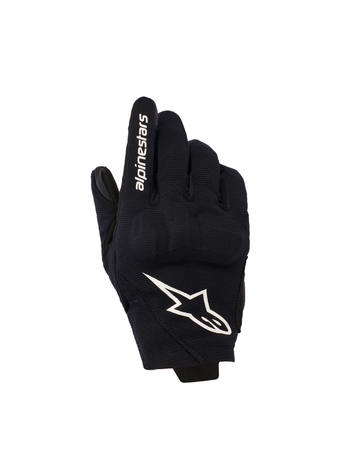 Alpinestars Reef Damen V2 Handschuhe, Schwarz und Weiß, Kurzschaft-Motorradhandschuhe, Textil-Oberhand mit 3D-TPU-Knöchelschutz, weißes Stern-Logo und Branding auf dem Zeigefinger