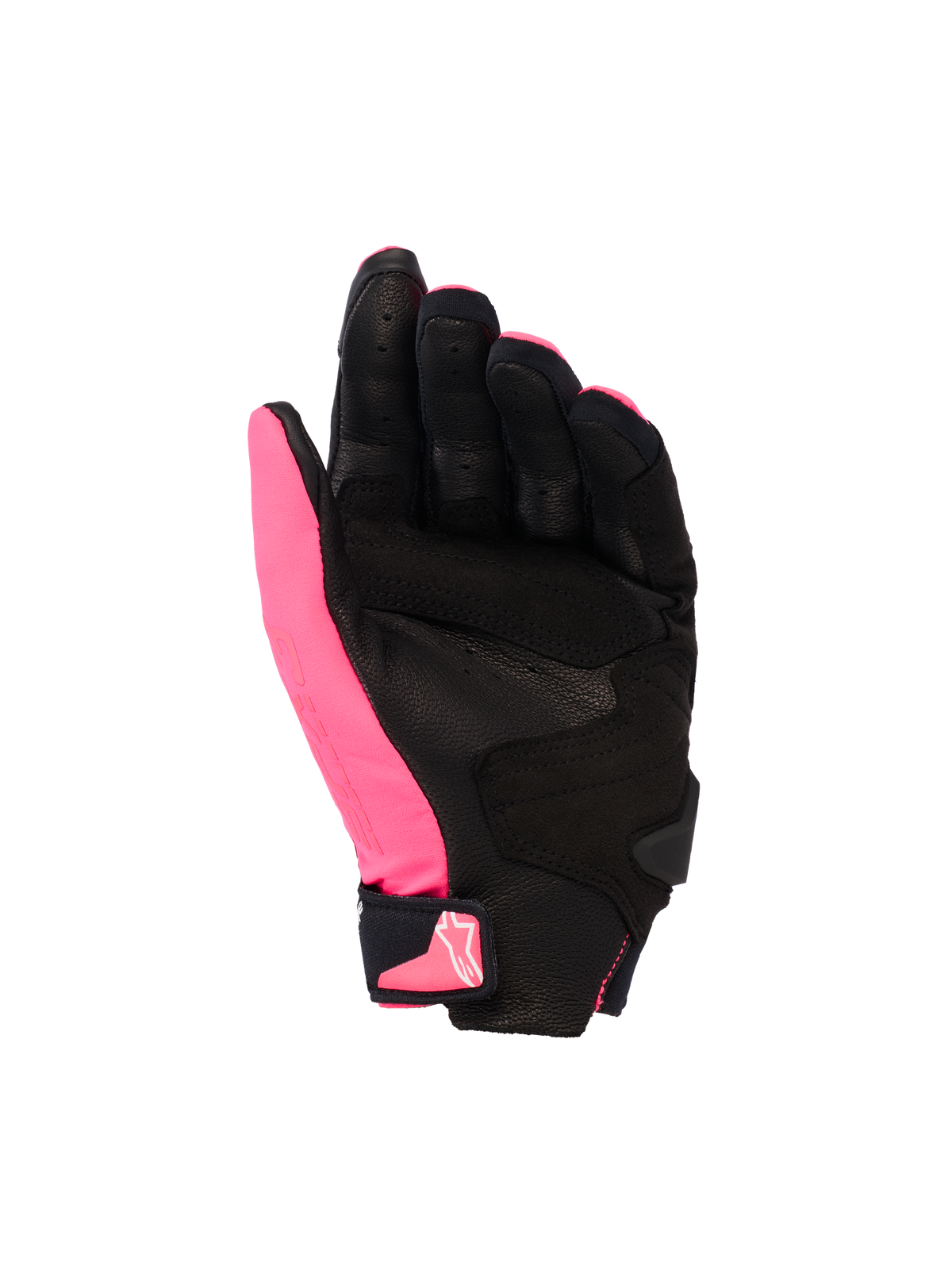 Alpinestars Stella SP X 3 Handschuhe, Damen-Motorradhandschuhe, Diva Pink, Schwarz und Weiß, Handflächenansicht mit perforiertem Leder und synthetischen Überzügen, schwarze Handfläche mit pinkfarbenem Daumen, Klettverschluss am Handgelenk mit pinkfarbenem Logo, ergonomisches Sportdesign