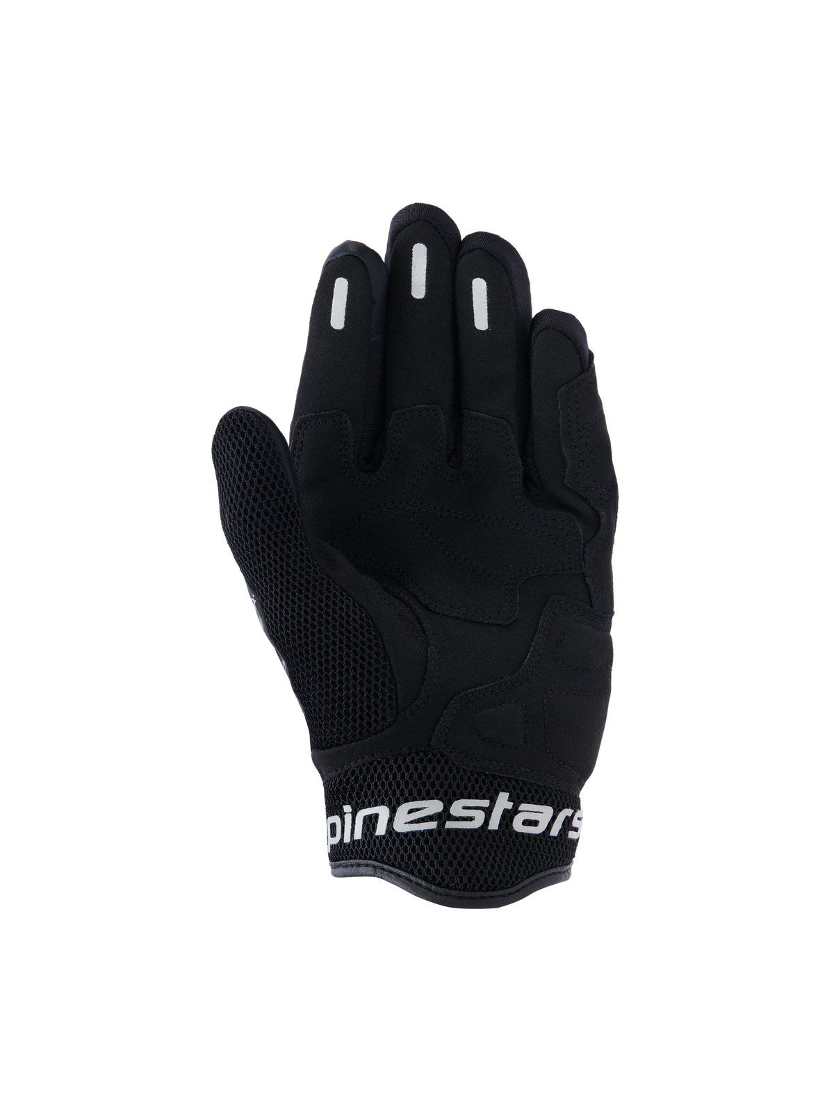 Alpinestars Stella Mogress Airflow Handschuhe, Urban-Motorradhandschuhe für Damen, Schwarz, Handflächenansicht mit synthetischer Handflächenverstärkung, atmungsaktives 3D-Mesh an Daumen und Bündchen, weißes Alpinestars-Branding am kurzen Bündchen