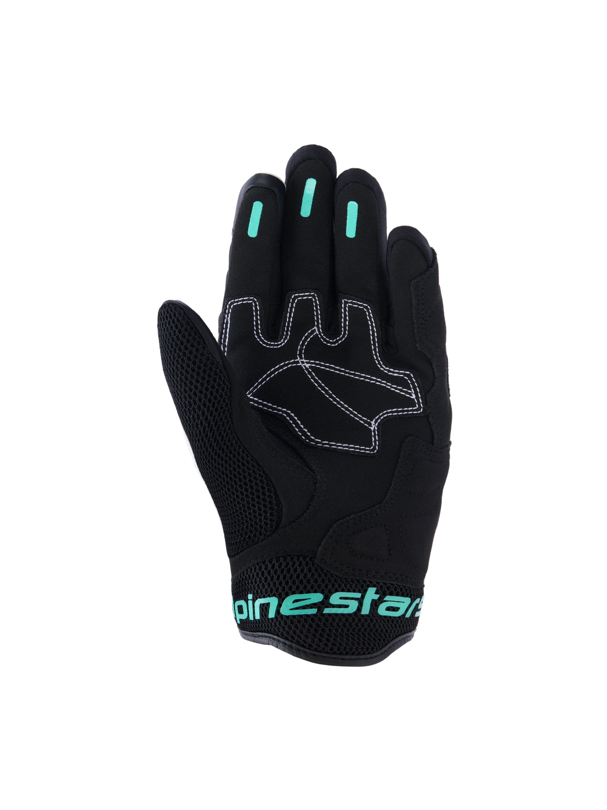 Alpinestars Stella Mogress Airflow Handschuhe, Urban-Motorradhandschuhe für Damen, Schwarz mit Akzenten in Tropical Teal, Handflächenansicht mit synthetischen Handflächenverstärkungen und weißen Nähten, Mesh-Bereich am Daumen und Silikon-Gripeinsätzen an den Fingern