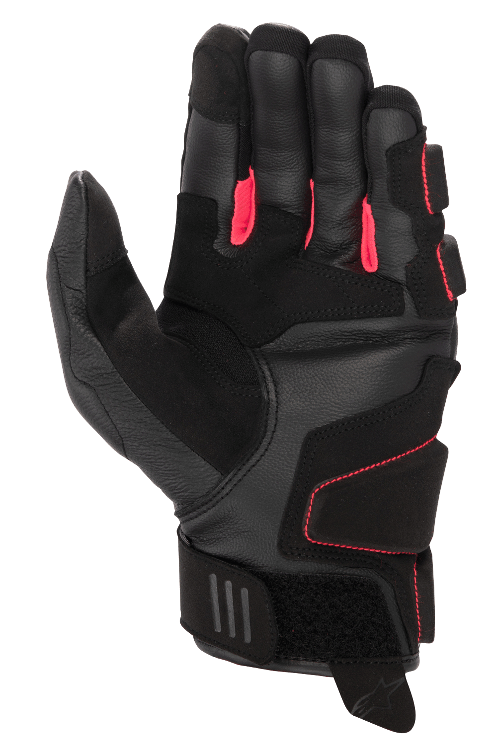 Alpinestars Stella Phenom Leder Air Handschuhe für Damen, Motorradhandschuhe, Schwarz und Diva Pink, Handflächenansicht mit verstärkter Lederkonstruktion, leuchtend pinken Fingereinsätzen und kurzer Manschette mit verstellbarem Klettverschluss