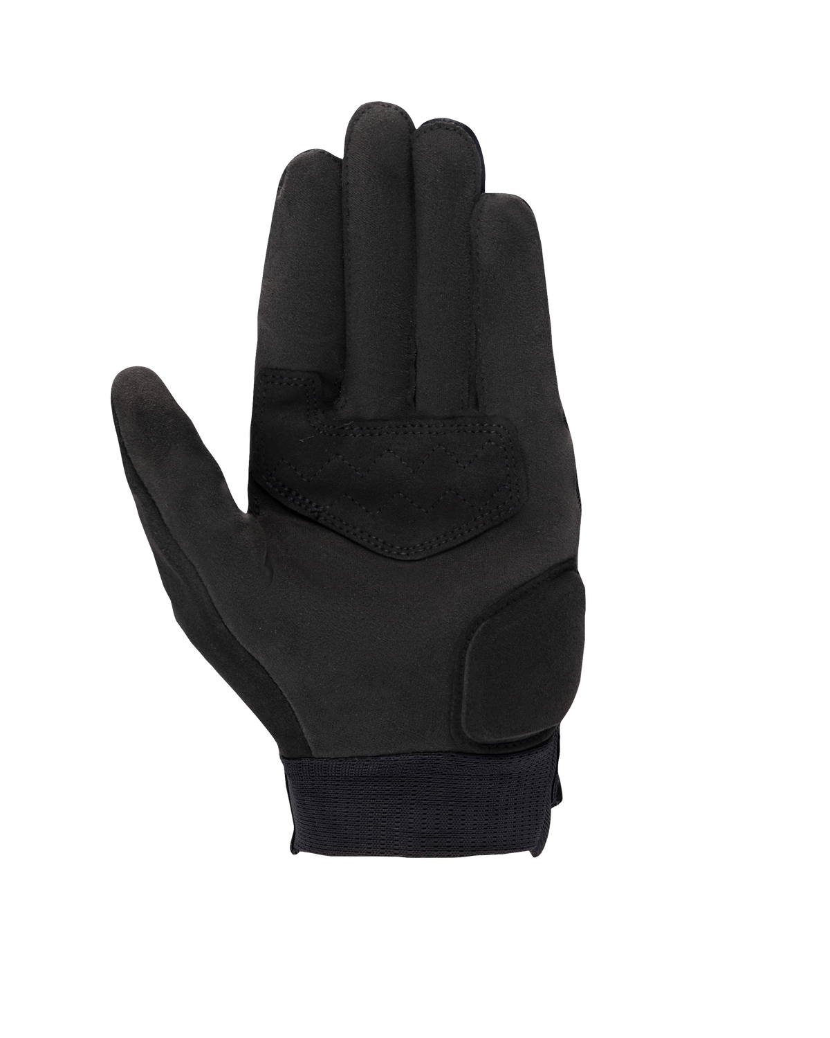 Alpinestars Stated Women's Gloves, Black, palm view showing synthetic suede material, reinforced palm and thumb areas, touchscreen-compatible fingertips, and elastic wrist cuff, urban motorcycle riding gear