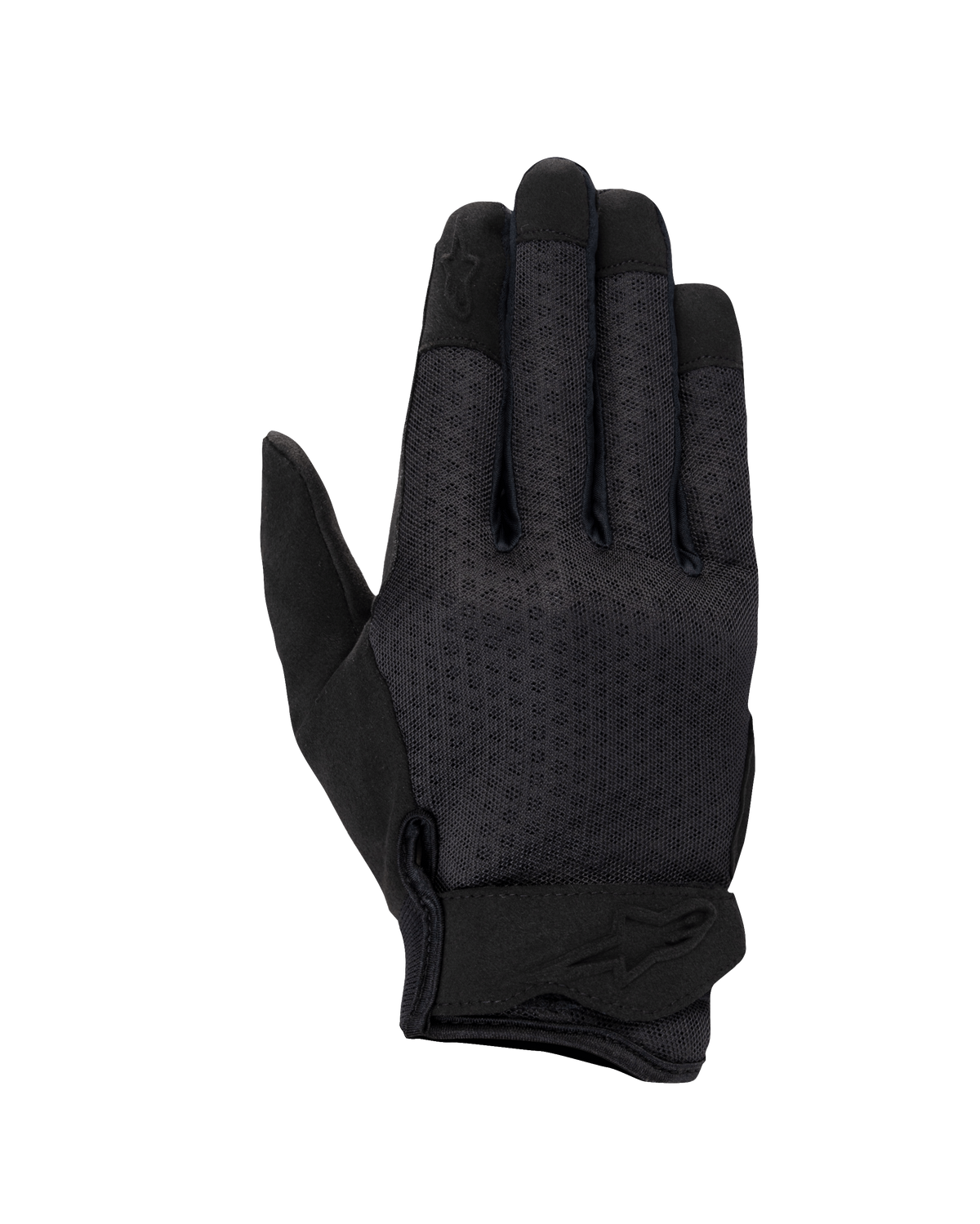 Alpinestars Stated Air Women's Gloves, Motorcycle Gloves, Black, featuring a ventilated mesh backhand, ergonomic wrist closure with embossed logo, and reinforced fingertips, streamlined urban design