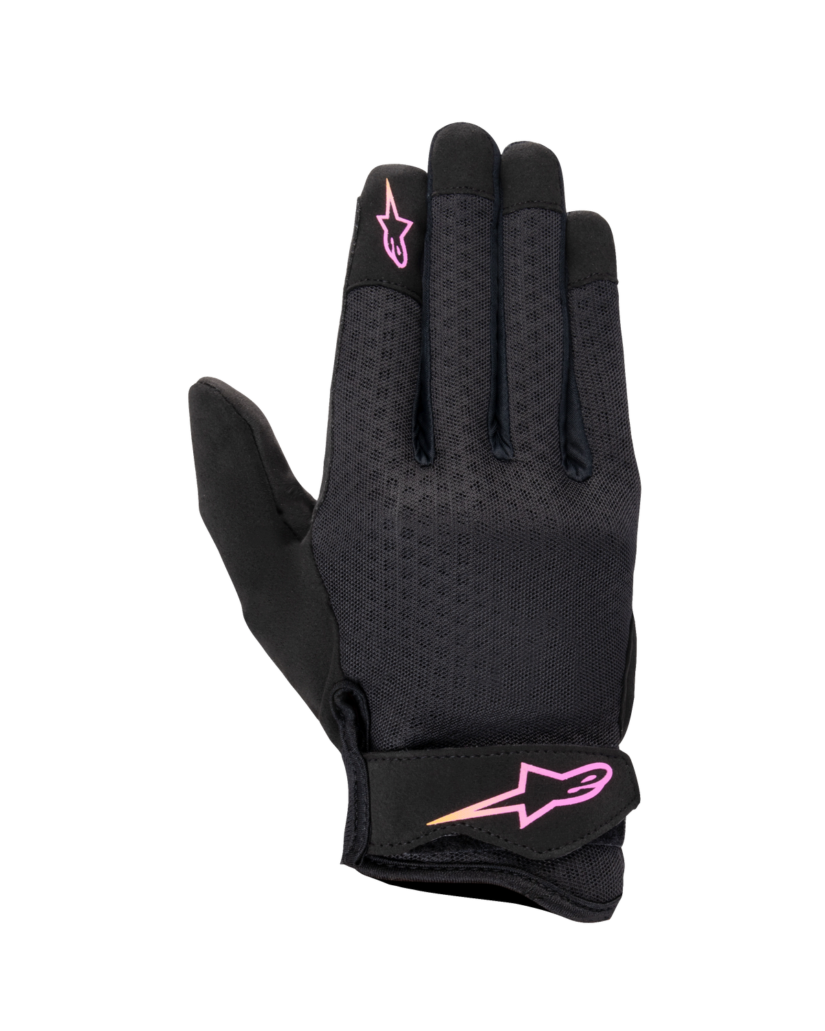 Alpinestars Stated Women's Gloves, Urban Motorcycle Gloves, Black with Pink and Yellow gradient logo, textured airprene backhand, Velcro wrist strap, lightweight and breathable summer gear