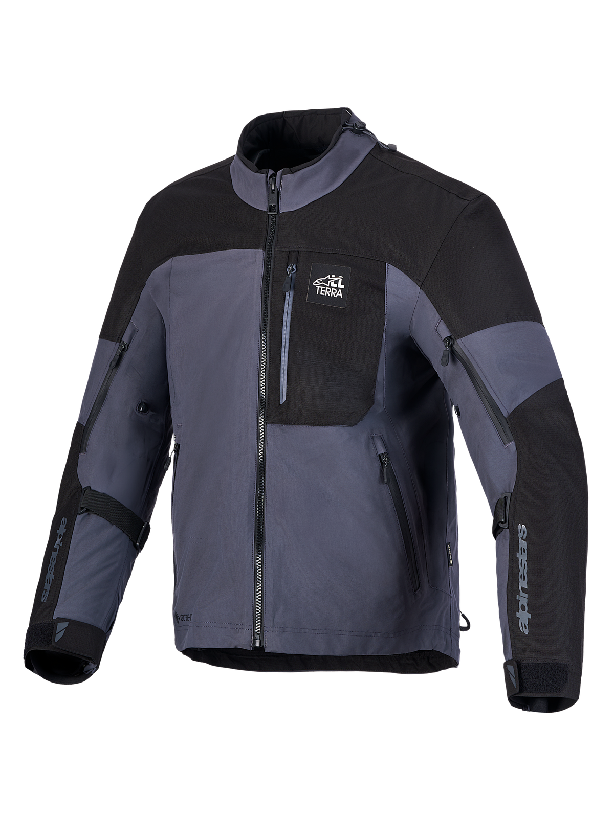 Alpinestars Arenis Gore-Tex Jacke, Adventure-Touring-Motorradjacke in Schwarz und Dunkelgrau, laminierte GORE-TEX-Konstruktion, wasserdichtes Design, Vorderansicht