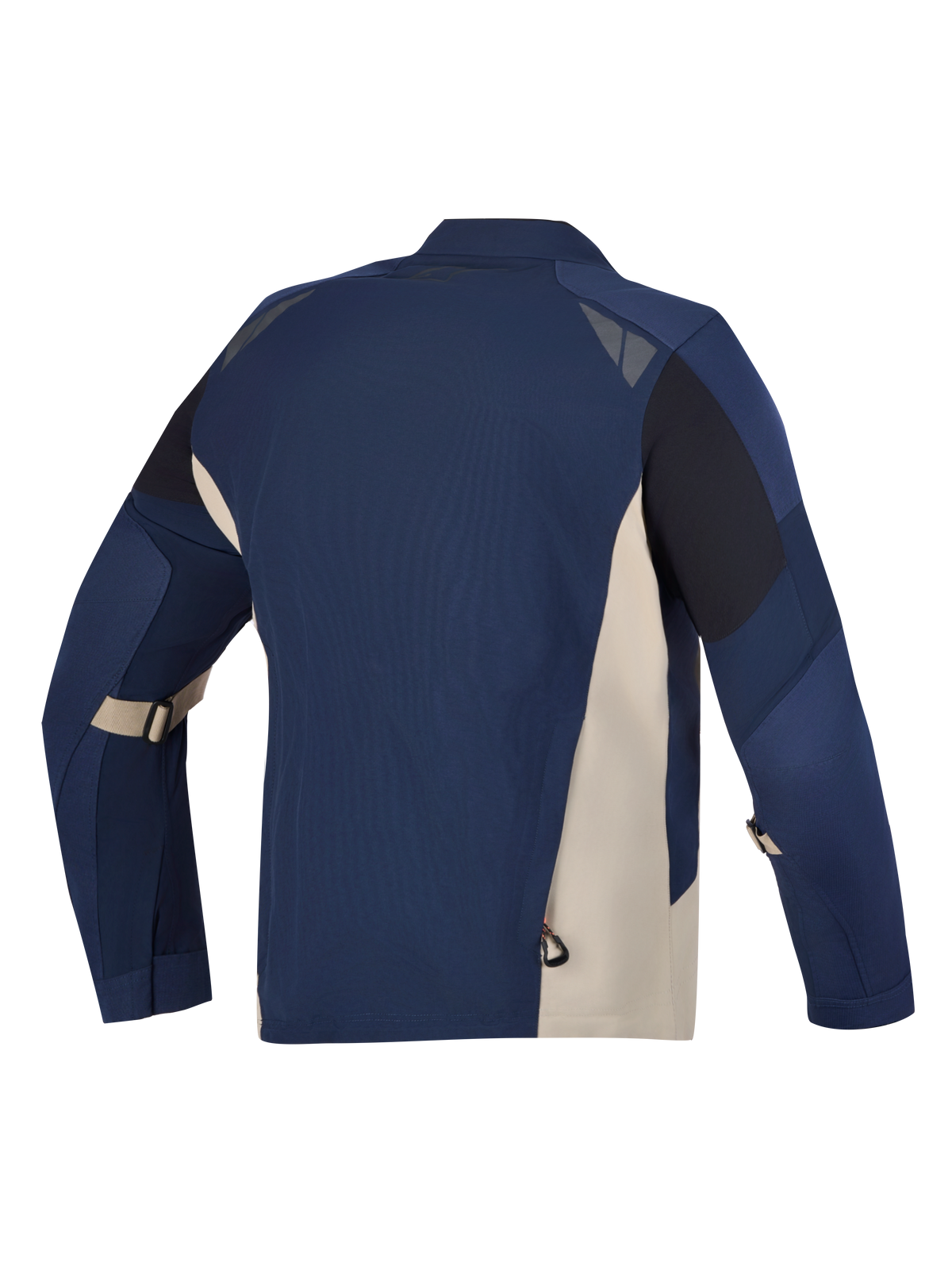 Alpinestars Arenis Gore Tex Jacke, Adventure-Touring-Motorradjacke in Nachtblau und Aluminium, Rückansicht mit Stretchgewebe und reflektierenden Details.
