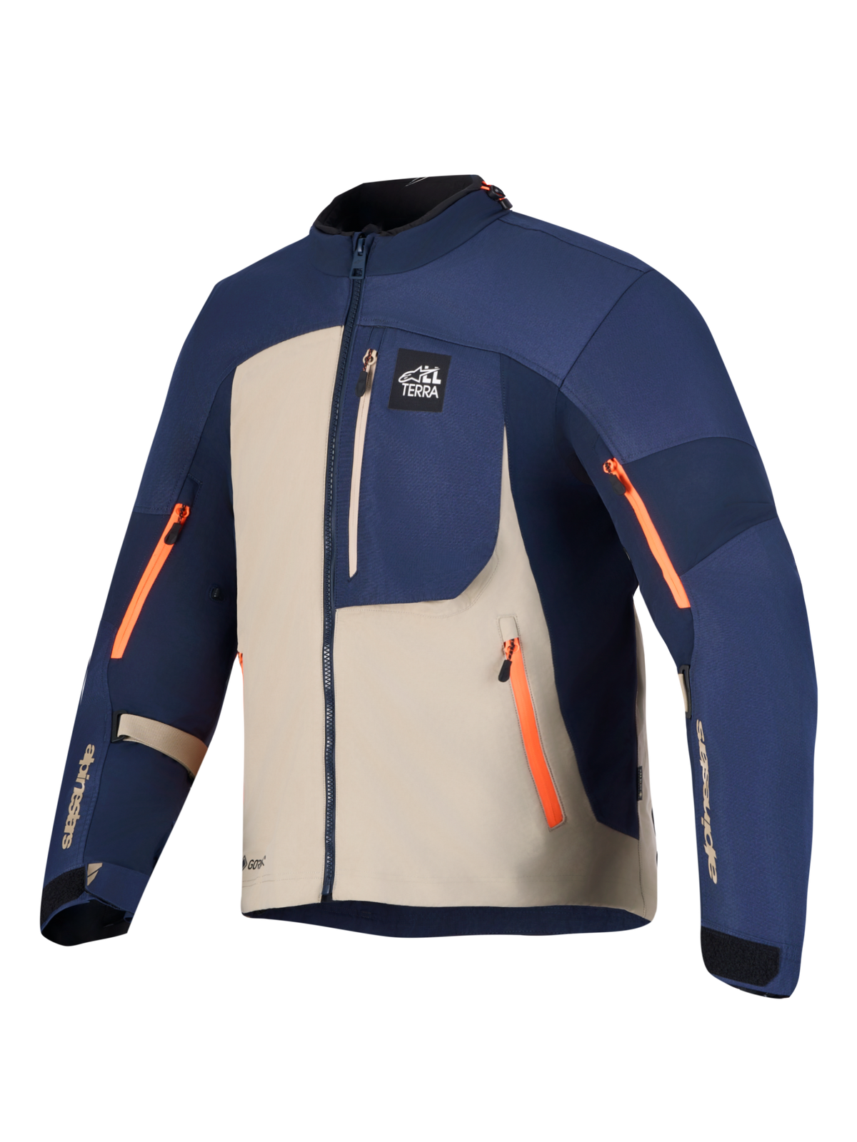 Alpinestars Arenis Gore Tex Jacke, Adventure Touring Motorradjacke, Nachtblau und Aluminium mit orangen Reißverschlüssen, GORE-TEX-Konstruktion, CE-zertifiziert