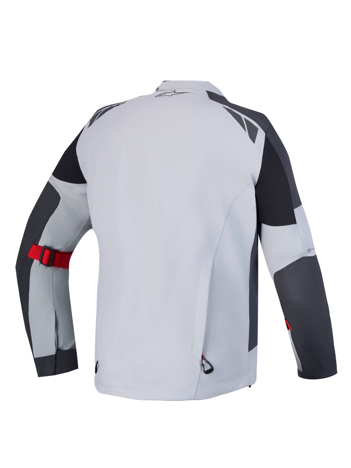 Alpinestars Arenis Gore-Tex Jacke, Adventure-Touring-Motorradjacke, Rückansicht in Hellgrau, Dunkelgrau und Schwarz mit rotem Unterarm-Verstellriemen und wasserdichter GORE-TEX-Konstruktion