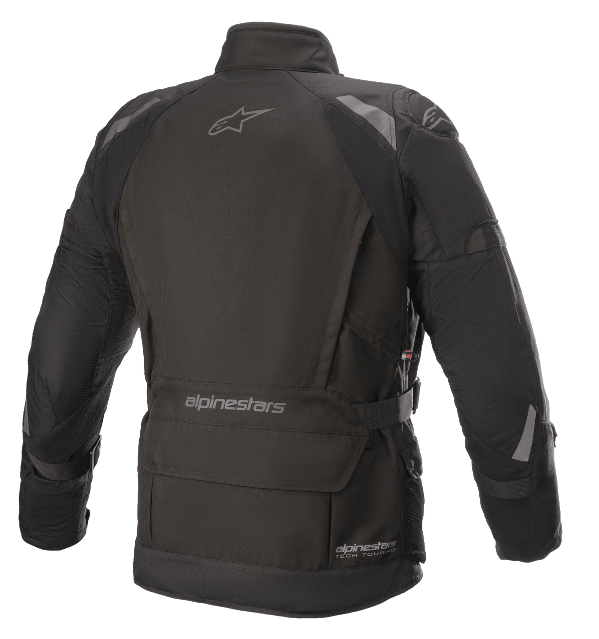 Alpinestars Ketchum GORE-TEX Jacke, Motorradjacke, Schwarz, Rückansicht mit verlängertem Touring-Schnitt, reflektierende Details an Schultern und Armen, Alpinestars-Branding am oberen Rücken und im unteren Taillenbereich.