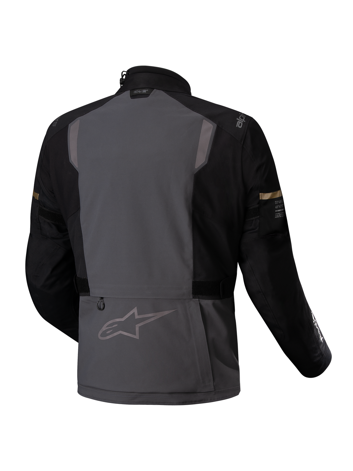 Alpinestars ST-7 2L GORE-TEX Jacke, wasserdichte Adventure-Motorradtouringjacke, Rückansicht in Dunkelgrau und Schwarz mit reflektierenden Details und CE-Zertifizierung